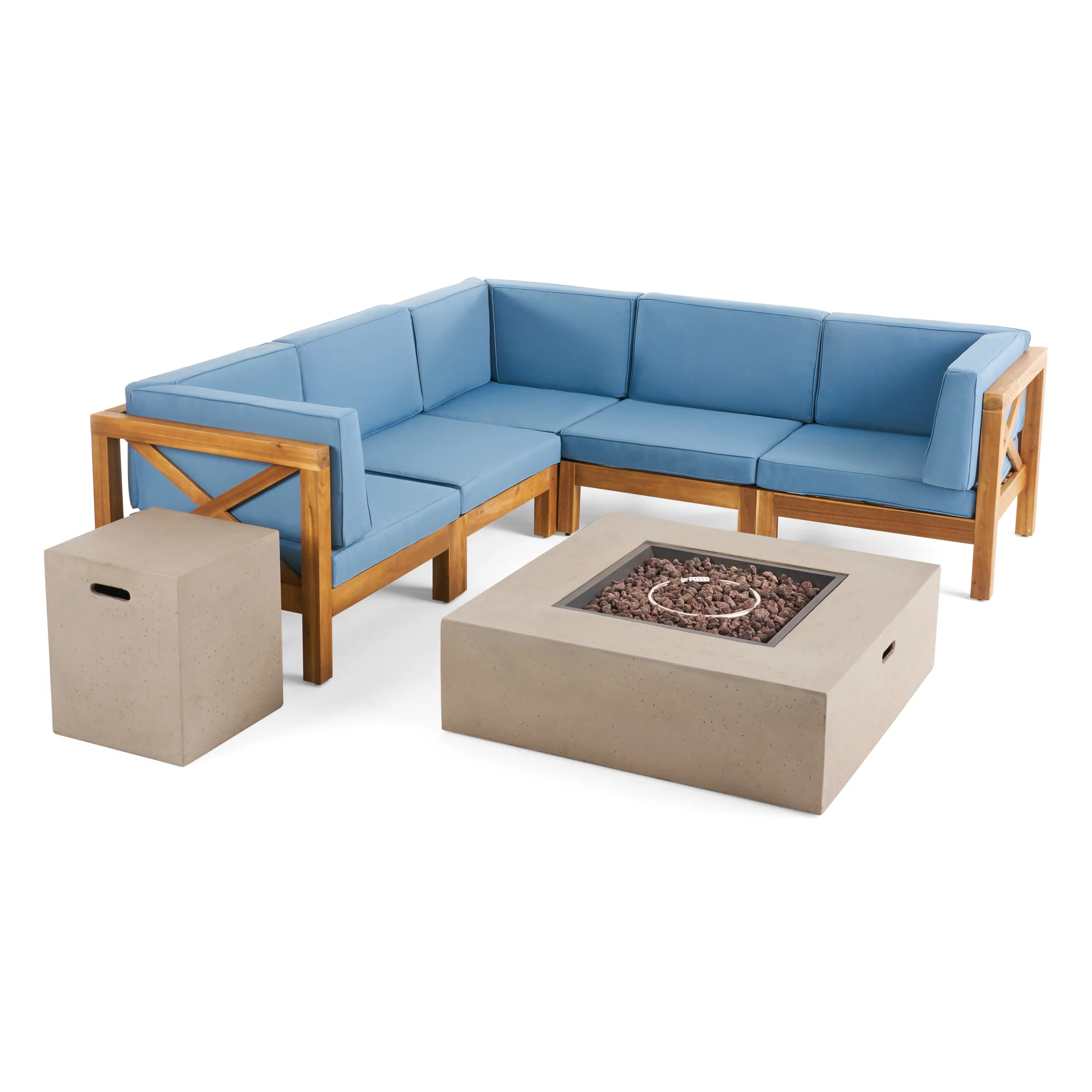 Cynthia Outdoor Acacia Wood 7-Piece Sectional Sofa Set with Fire Pit - furnishings
