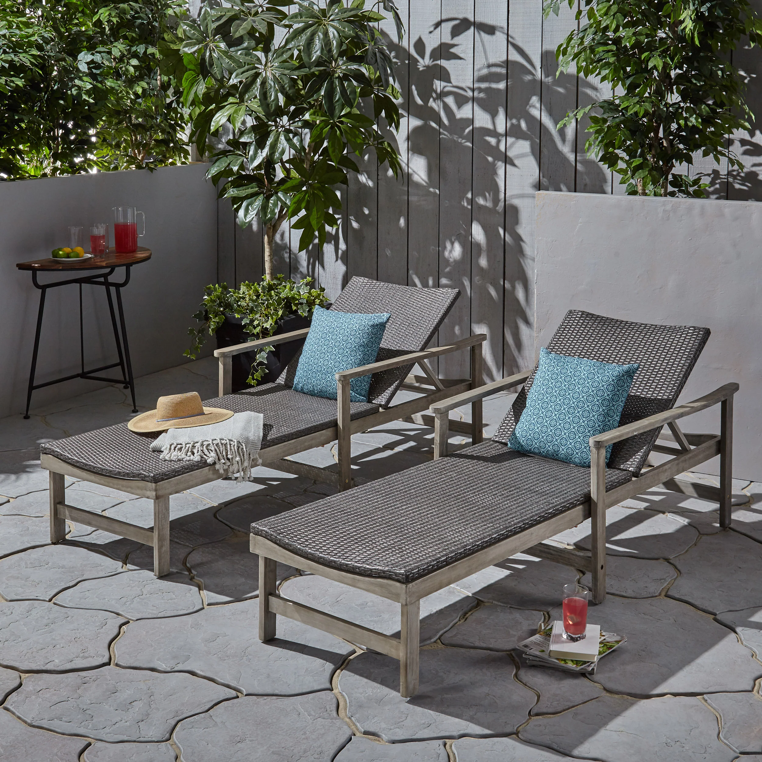 Kyle Outdoor Rustic Acacia Wood Chaise Lounge with Wicker Seating - furnishings