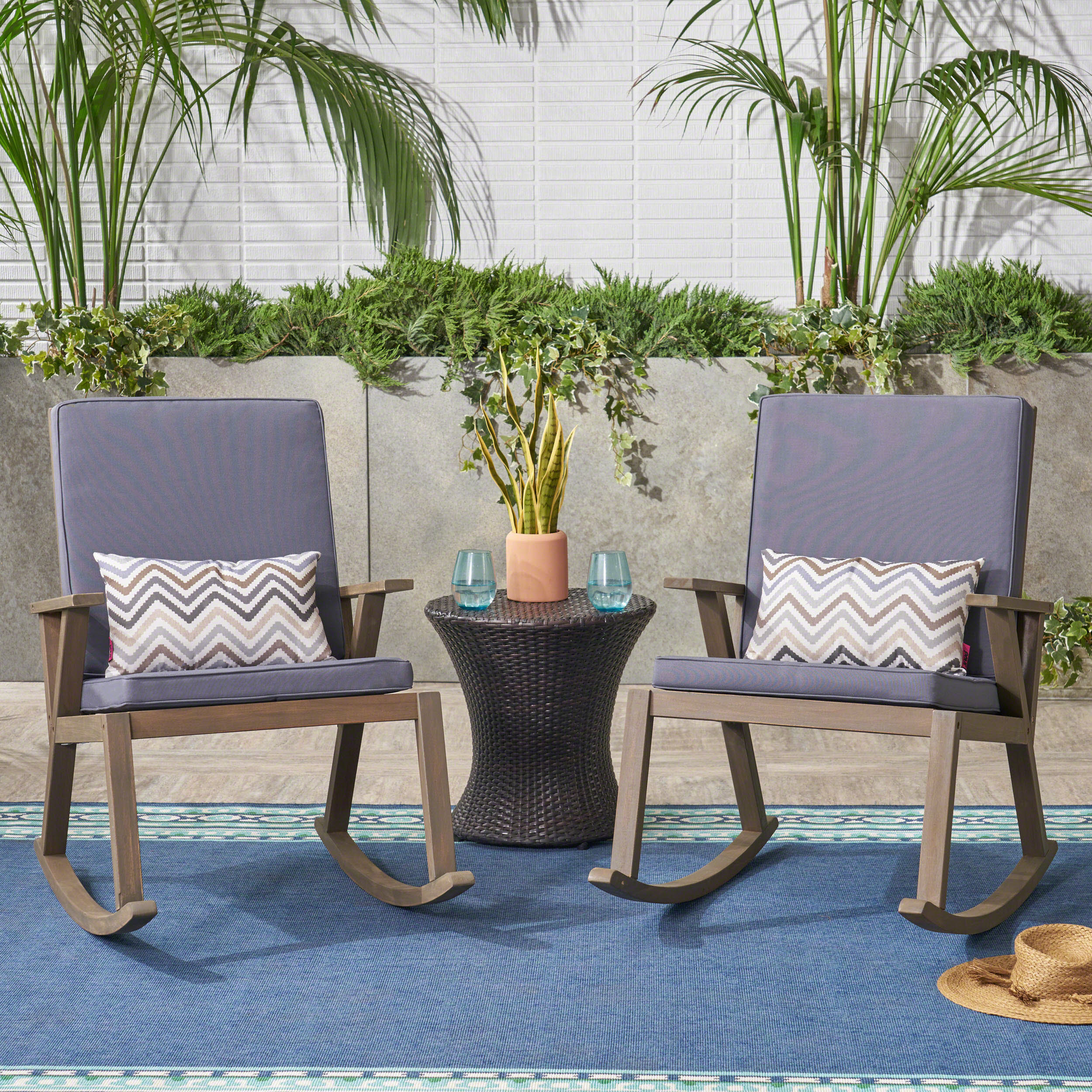Andy Outdoor Acacia Wood Rocking Chair with Water-Resistant Cushions (Set of 2) - furnishings