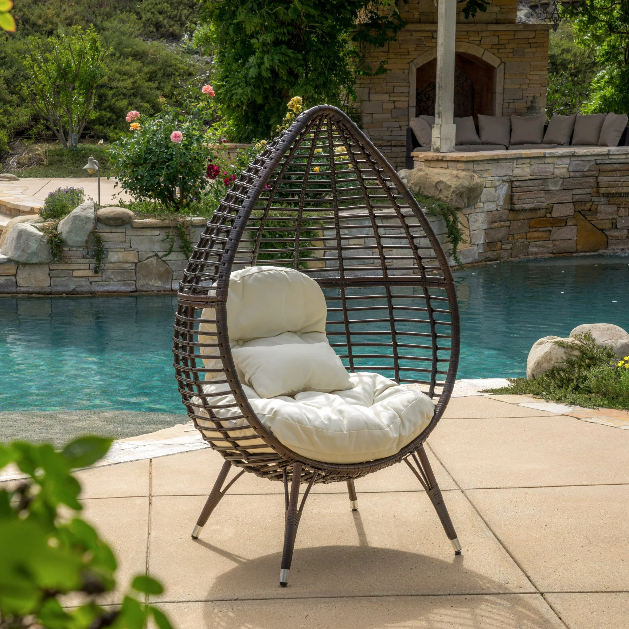Dermot Outdoor Wicker Freestanding Wicker Teardrop / Egg Chair w/ Cushion - furnishings