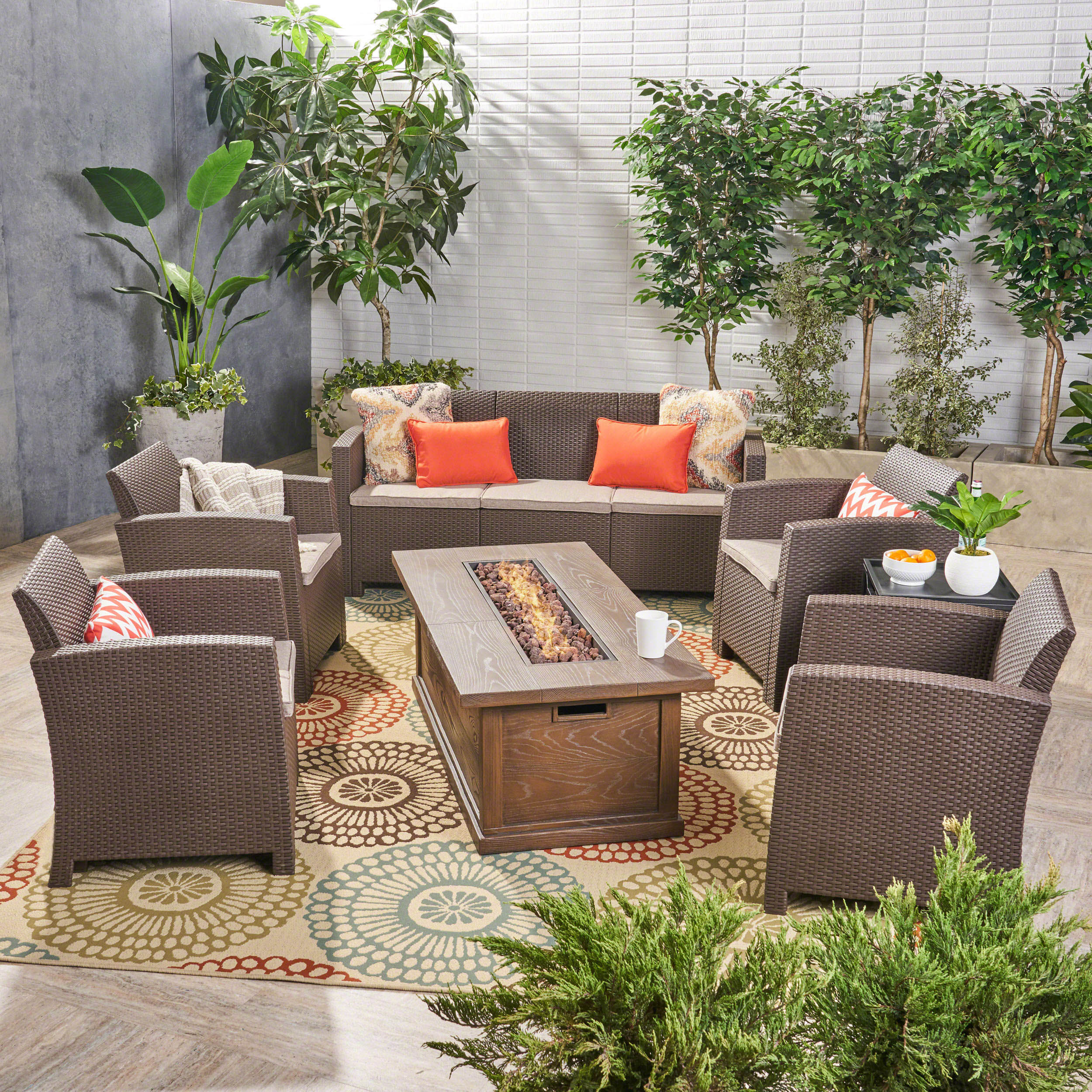 Melik Outdoor 7-Seater Wicker Print Chat Set with Fire Pit and Tank Holder - furnishings