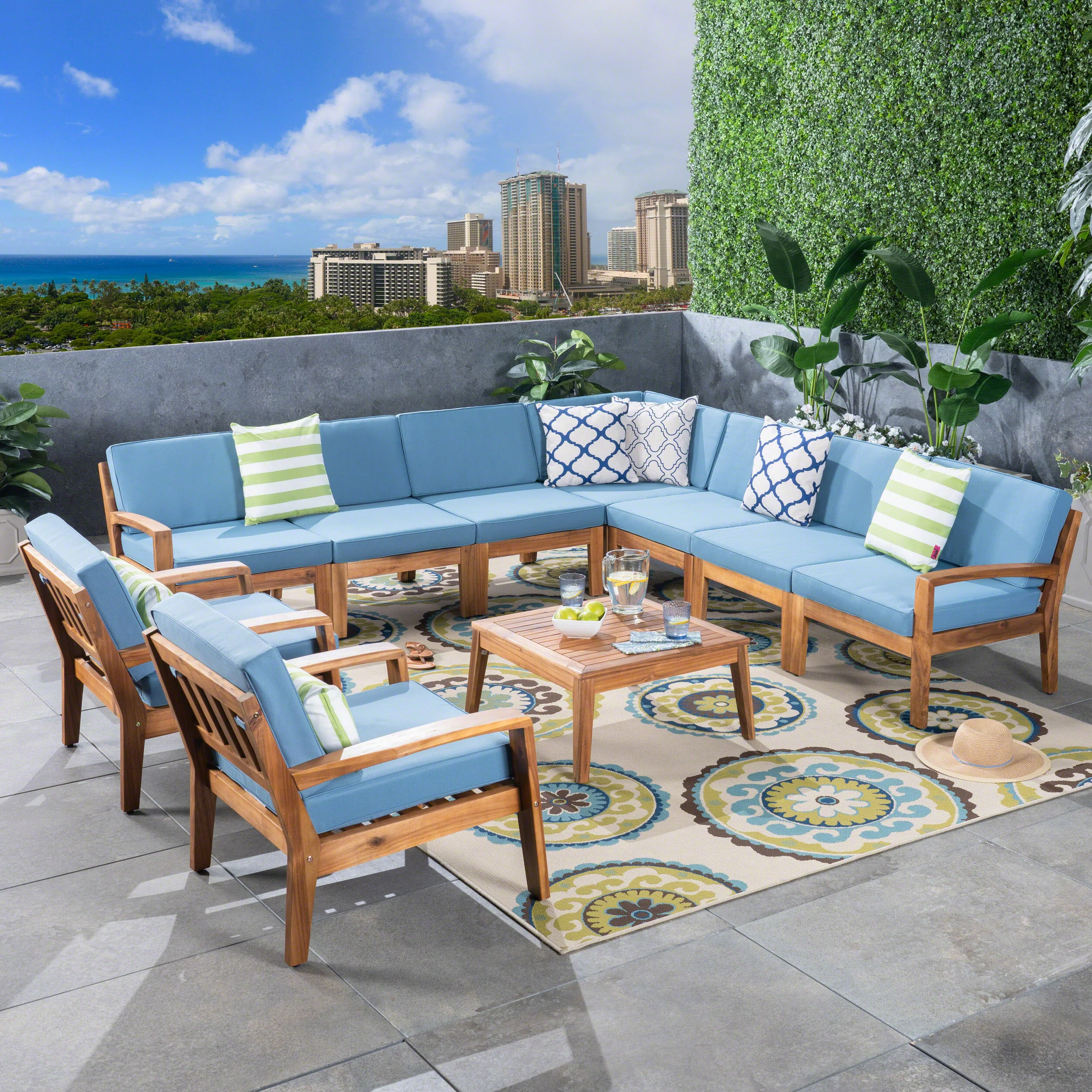 Madeline Outdoor Acacia Wood 9 Seater Sectional Sofa and Club Chair Set with Coffee Table - furnishings