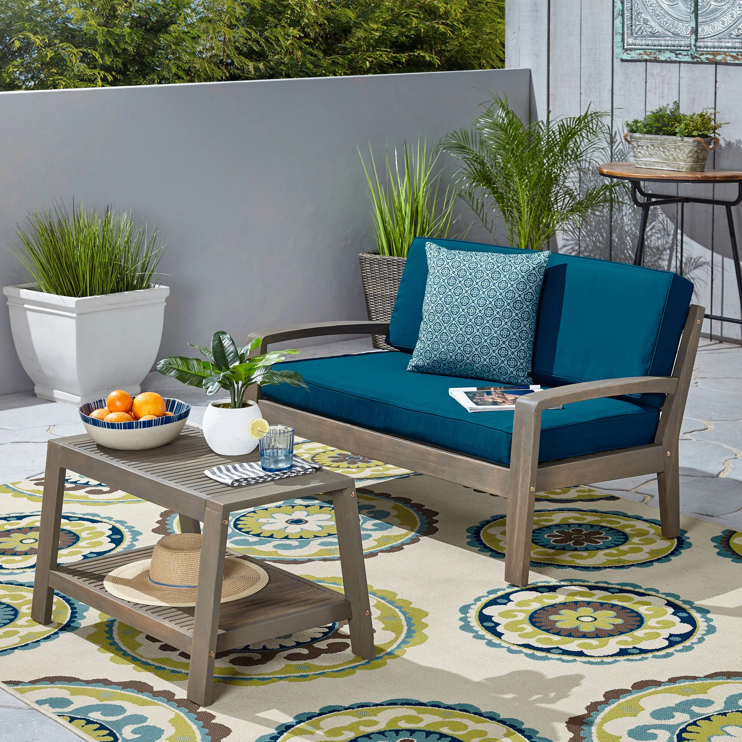 Parma Outdoor Acacia Wood Loveseat and Coffee Table Set with Cushions - furnishings