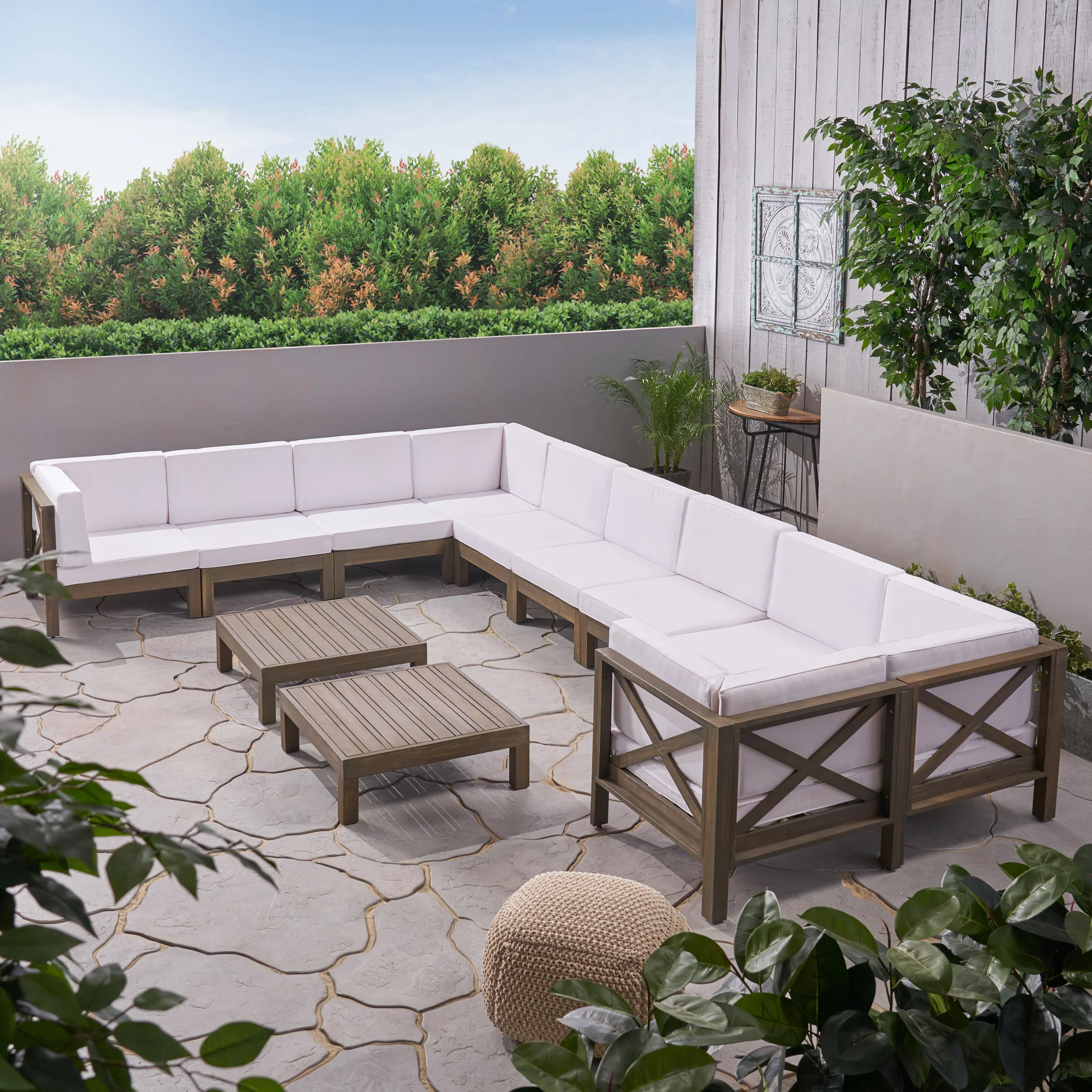 Cynthia Outdoor Acacia Wood 10 Seater U-Shaped Sectional Sofa Set with Two Coffee Tables - furnishings