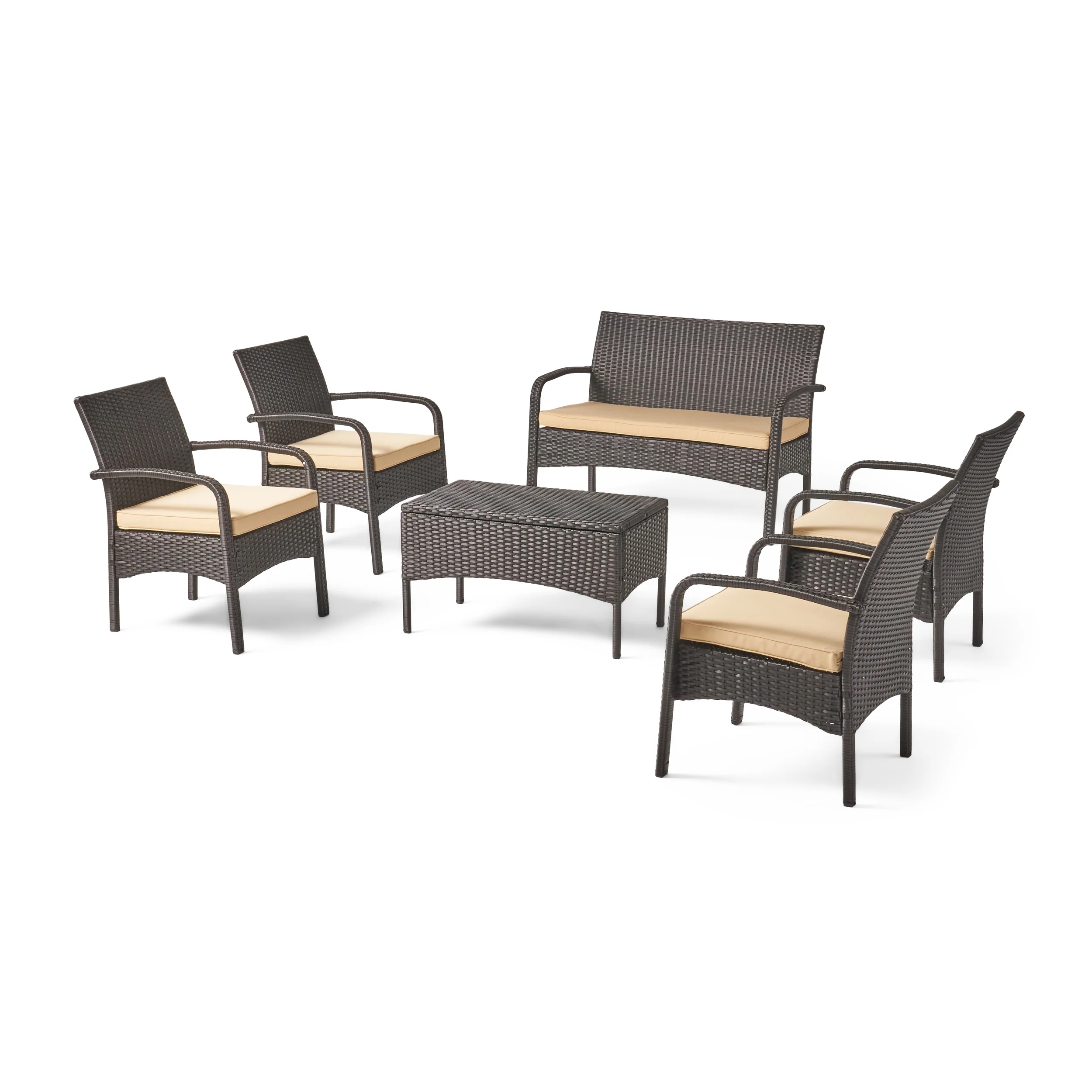 Mavis Patio Conversation Set, 6-Seater with Loveseat, Club Chairs, and Coffee Table, Brown Wicker with Tan Outdoor Cushions - furnishings