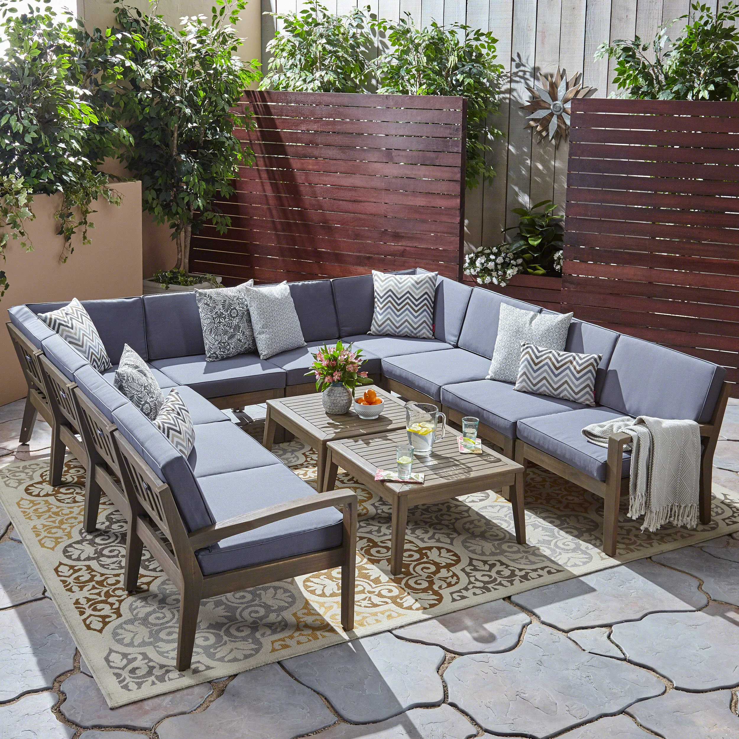 Roy Outdoor Acacia Wood 10 Seater Sectional Sofa Set with Two Coffee Tables - furnishings