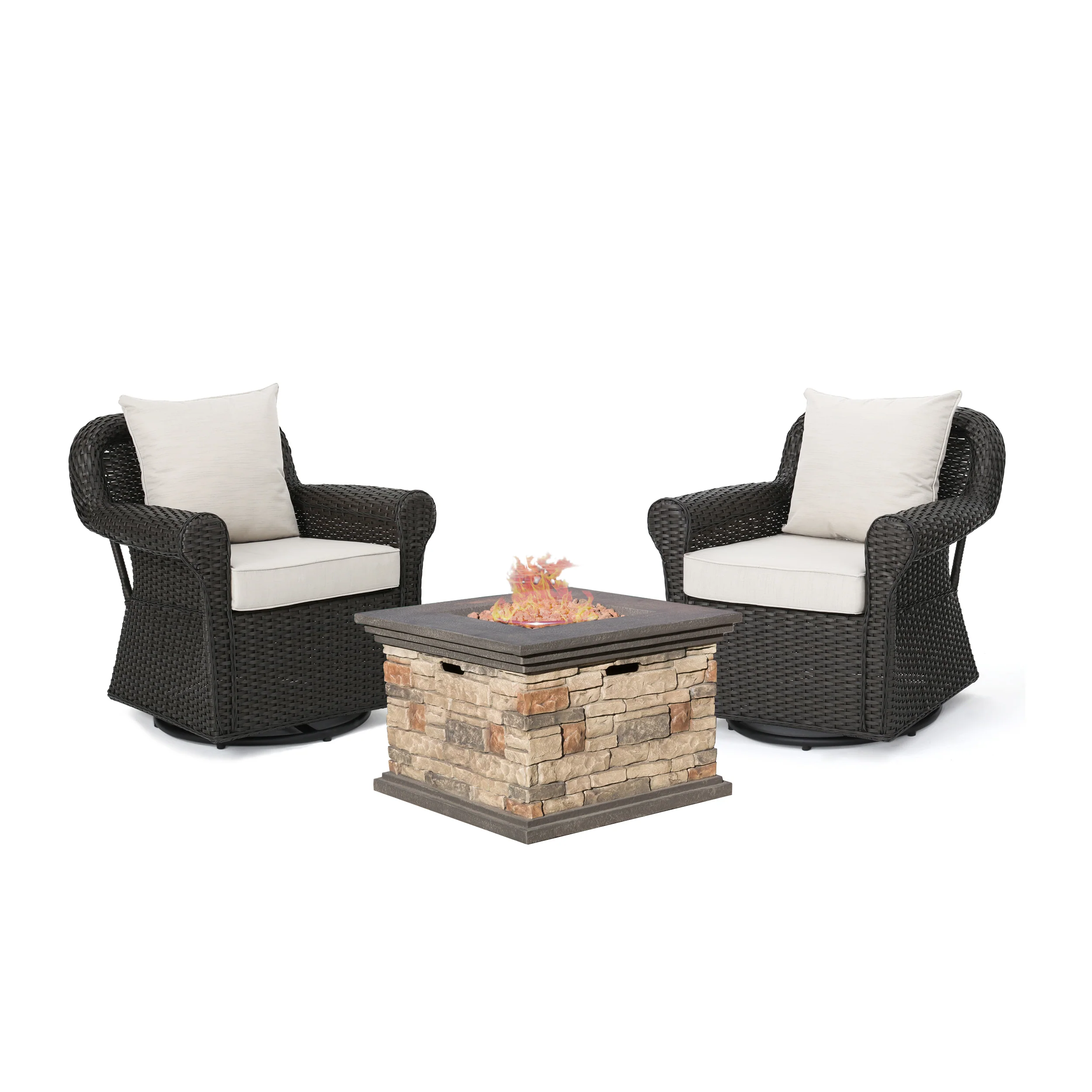 Augusta Outdoor 3 Piece Wicker Rocker and Gas Firepit Set - furnishings