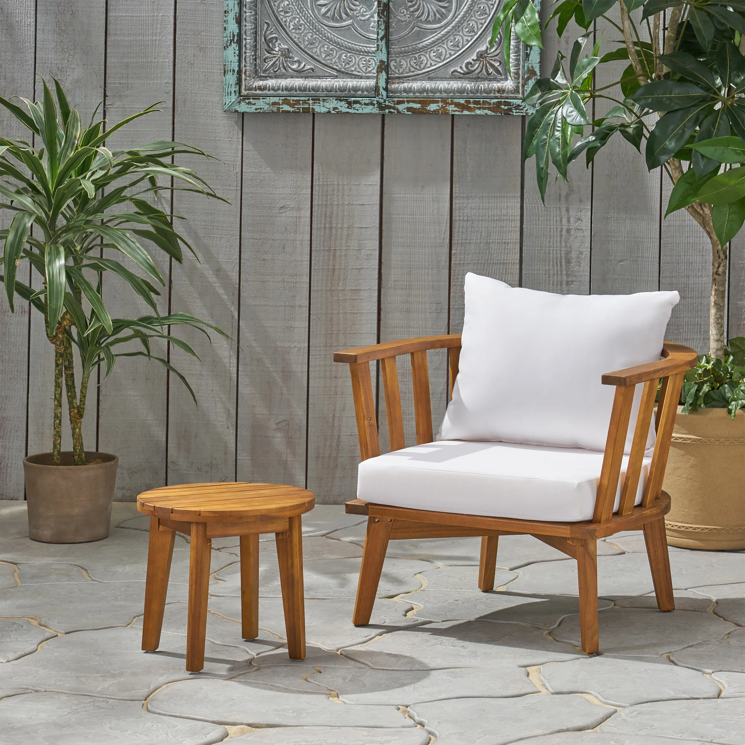 Murray Outdoor Acacia Wood Club Chair and Side Table Set - furnishings
