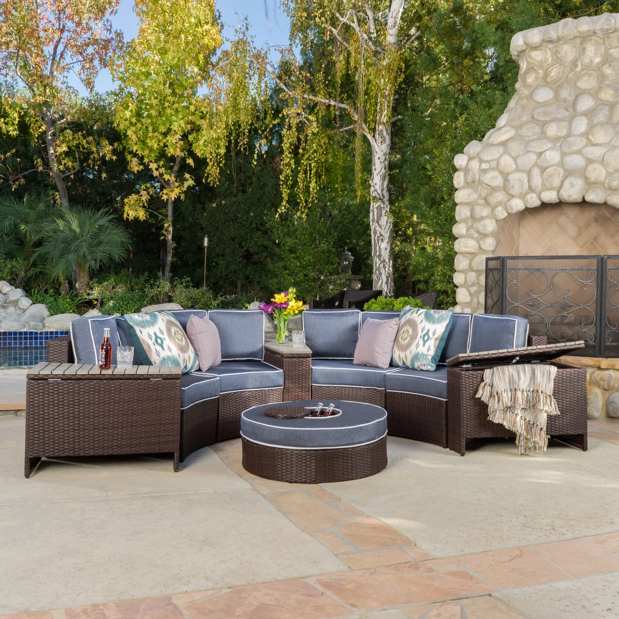 Riviera 8pc Outdoor Sectional Sofa Set w/ Storage Trunks & Ice Bucket - furnishings
