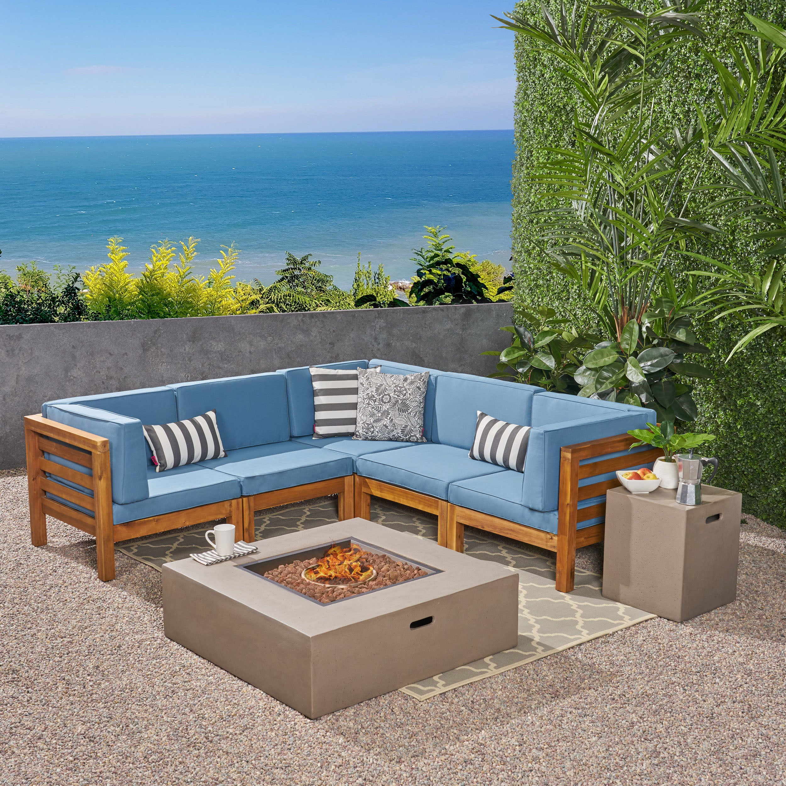 Ravello Outdoor V-Shaped Sectional Sofa Set with Fire Pit - furnishings