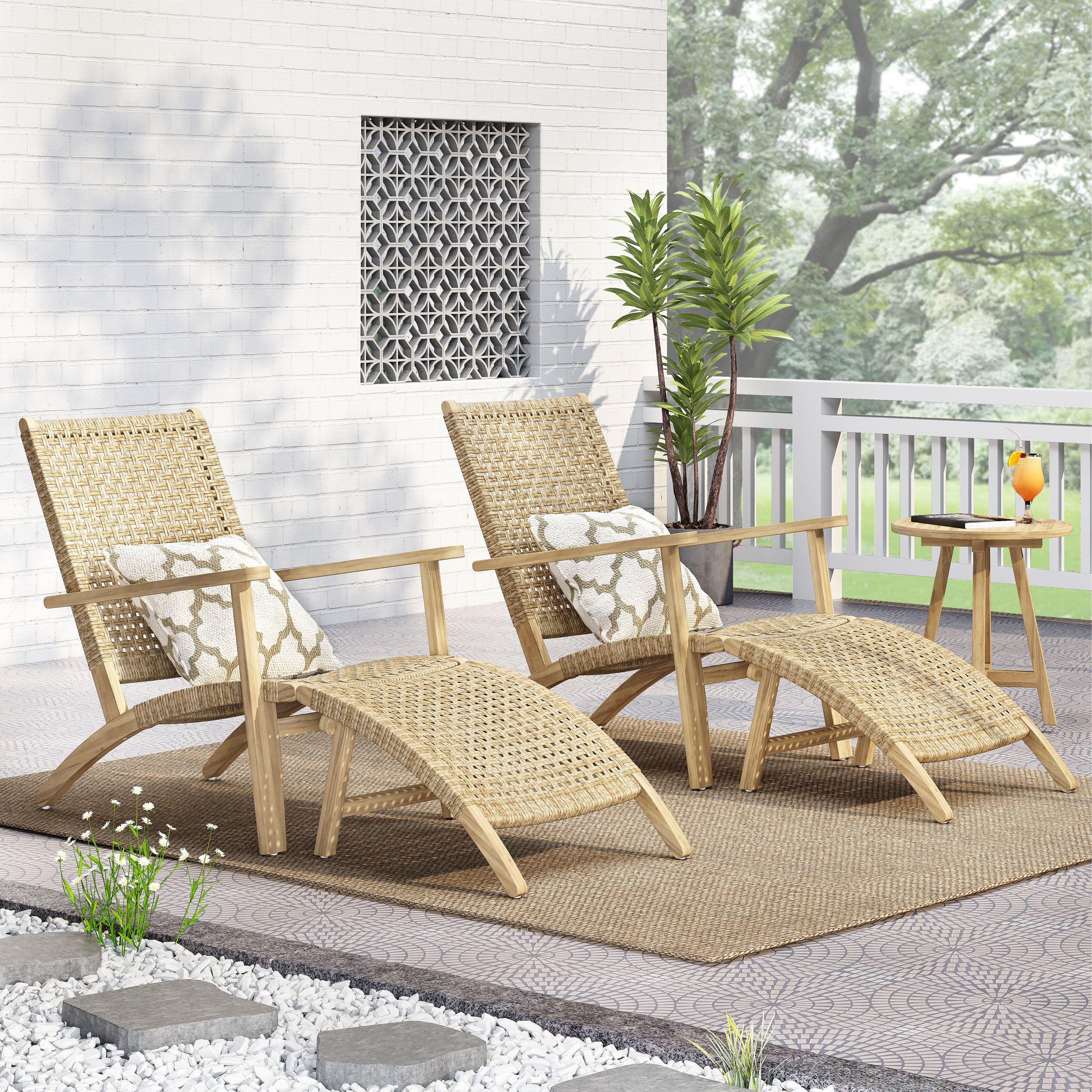 Arlost Outdoor Wicker Lounge Chairs with Ottoman, Set of 2, Light Brown and Light Multibrown - furnishings
