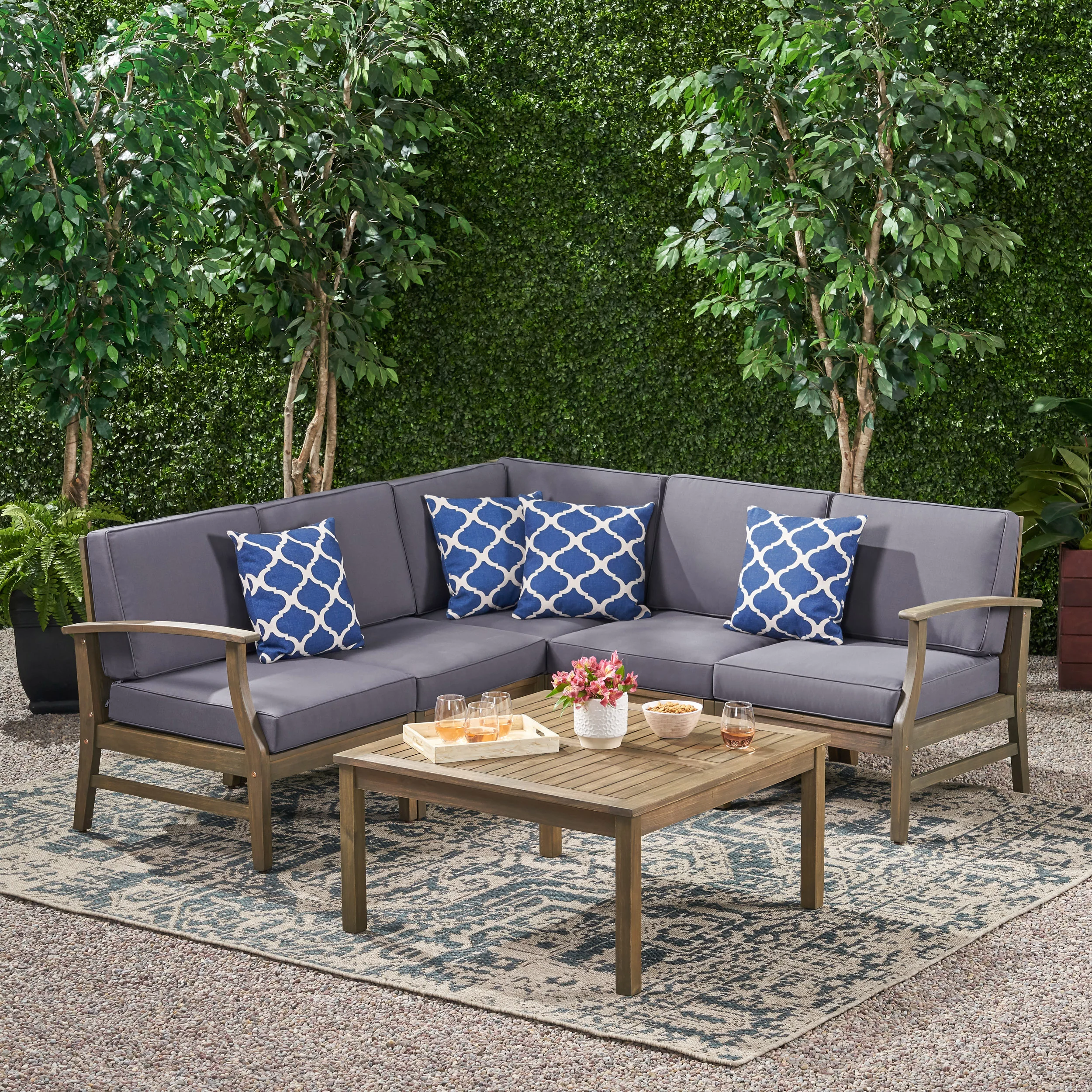 Martina Outdoor 6 Piece Acacia Wood Sectional Sofa and Coffee Table Set - furnishings