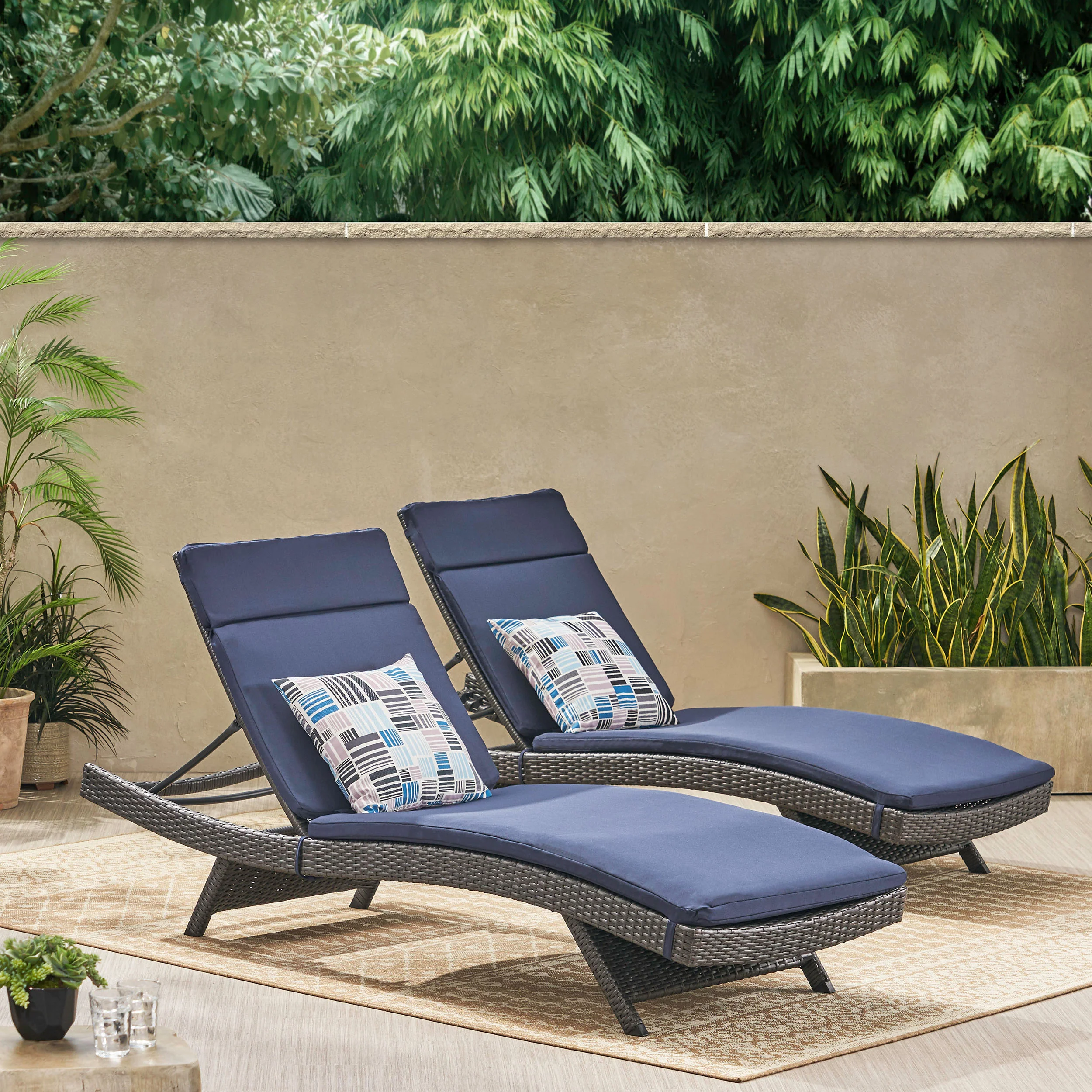 Nassau Outdoor Grey Wicker Adjustable Chaise Lounge with Cushion (Set of 2) - furnishings