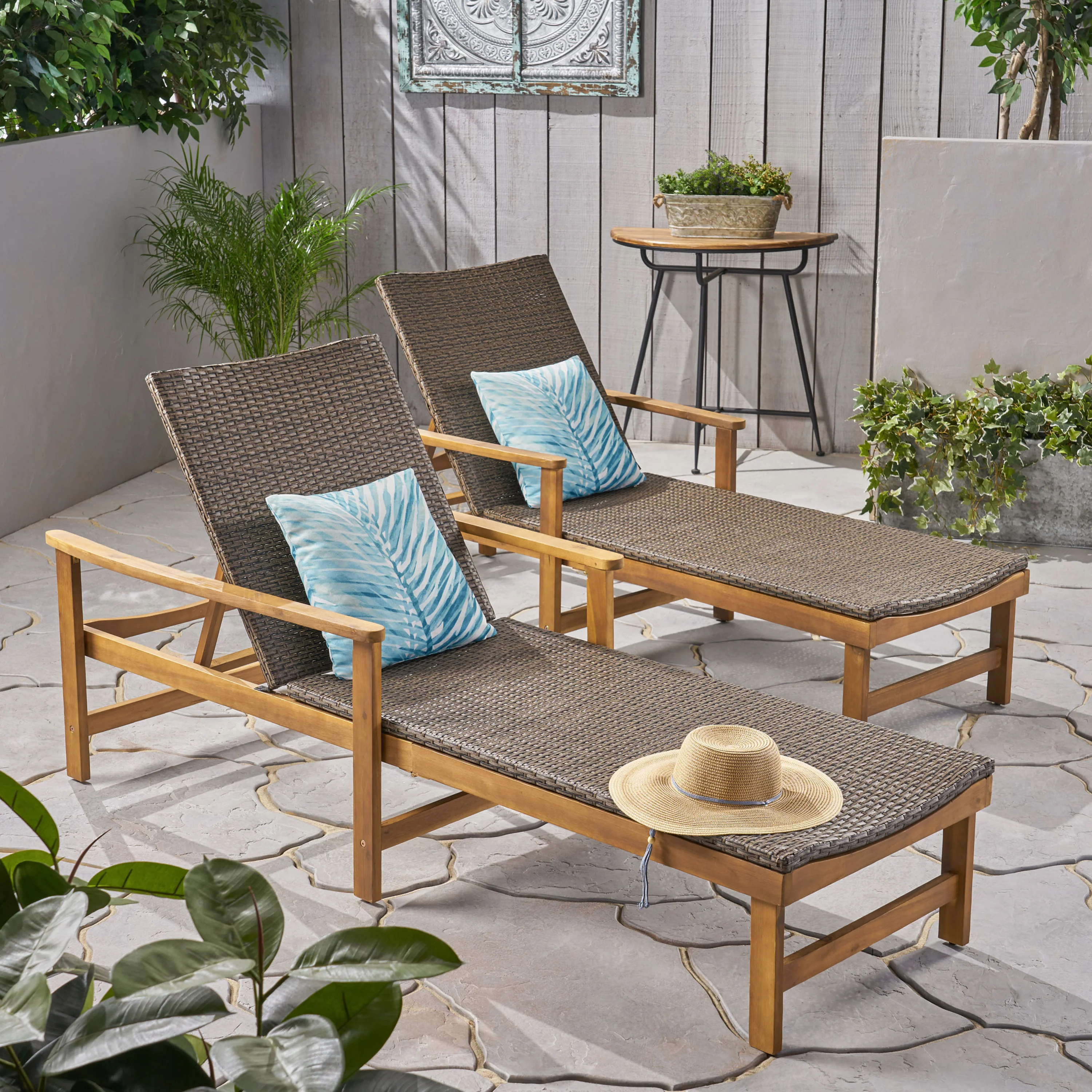 Kyle Outdoor Rustic Acacia Wood Chaise Lounge with Wicker Seating - furnishings