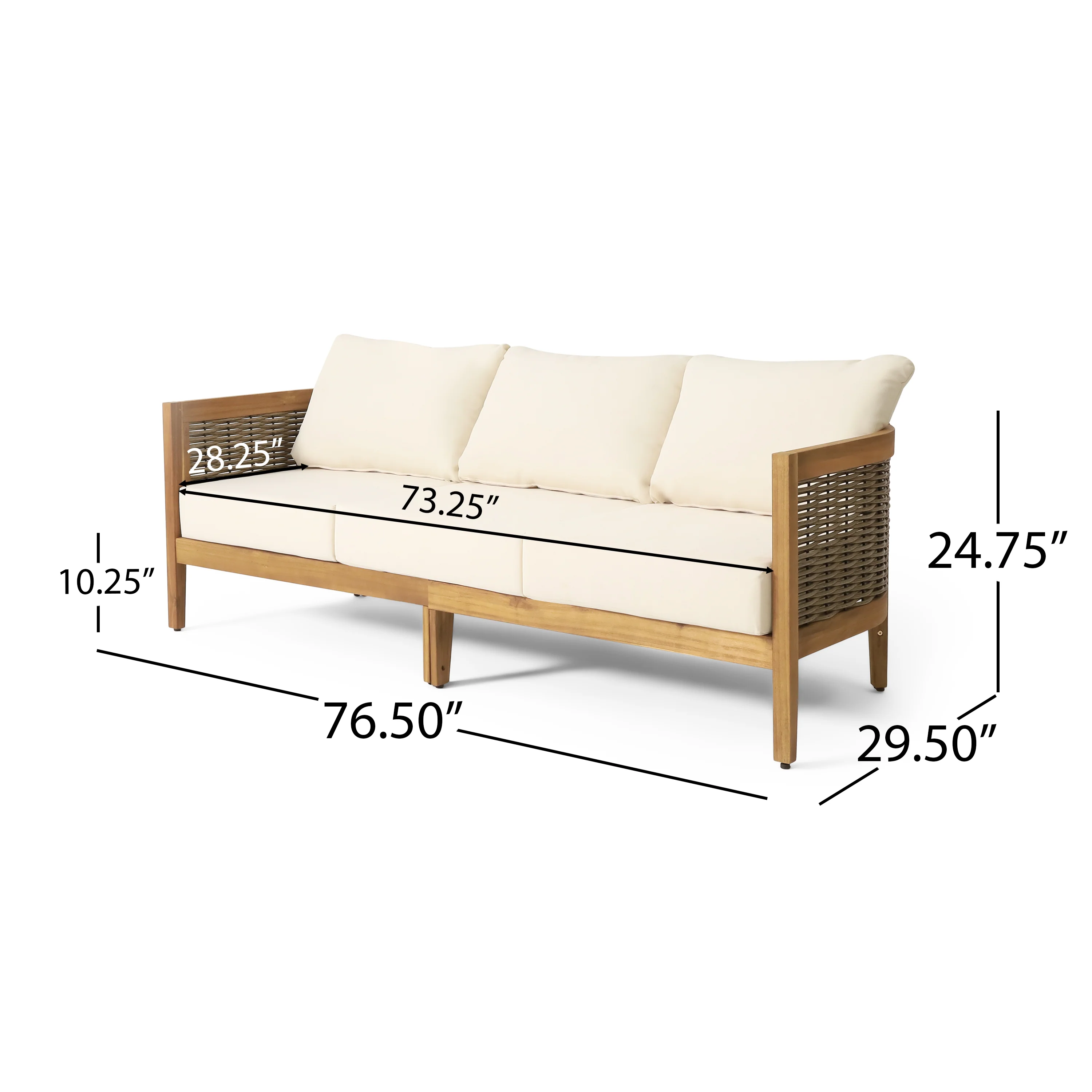 The Crowne Collection Outdoor Acacia Wood and Round Wicker 3 Seater Sofa with Cushions, Teak, Mixed Brown, and Beige - furnishings