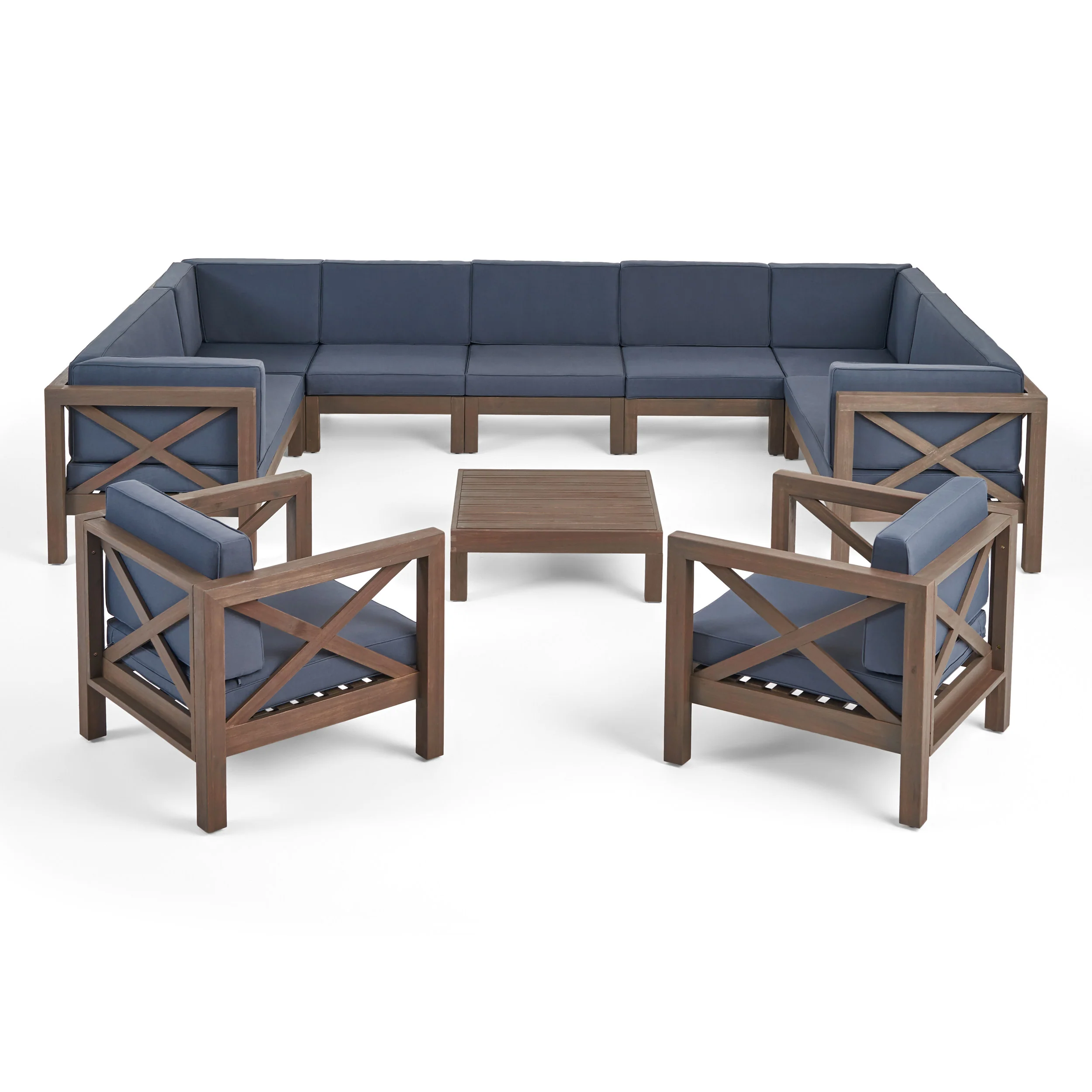 Isabella Outdoor 11 Seater Acacia Wood Sectional Sofa and Club Chair Set - furnishings