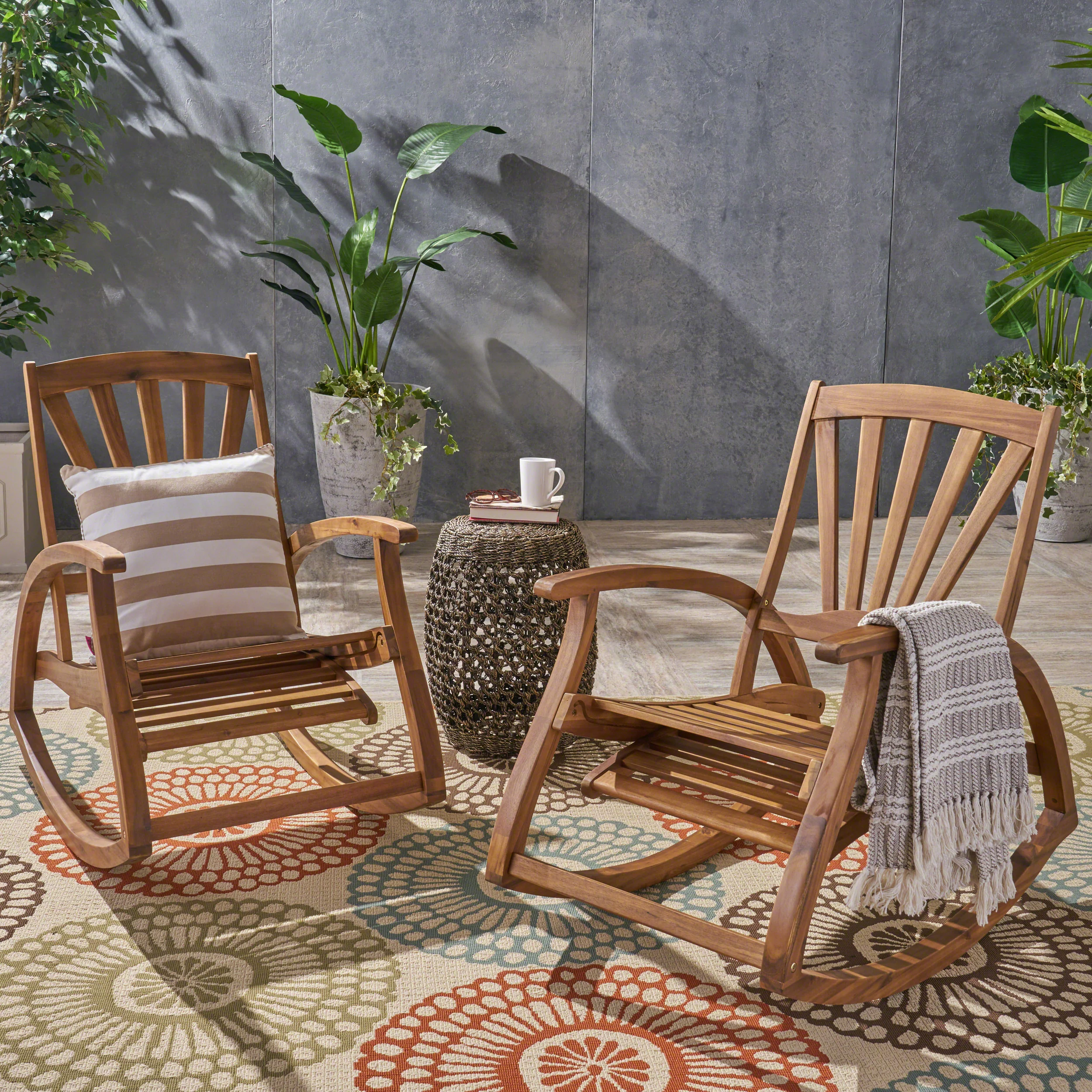 Lee Outdoor Rustic Acacia Wood Recliner Rocking Chairs (Set of 2) - furnishings