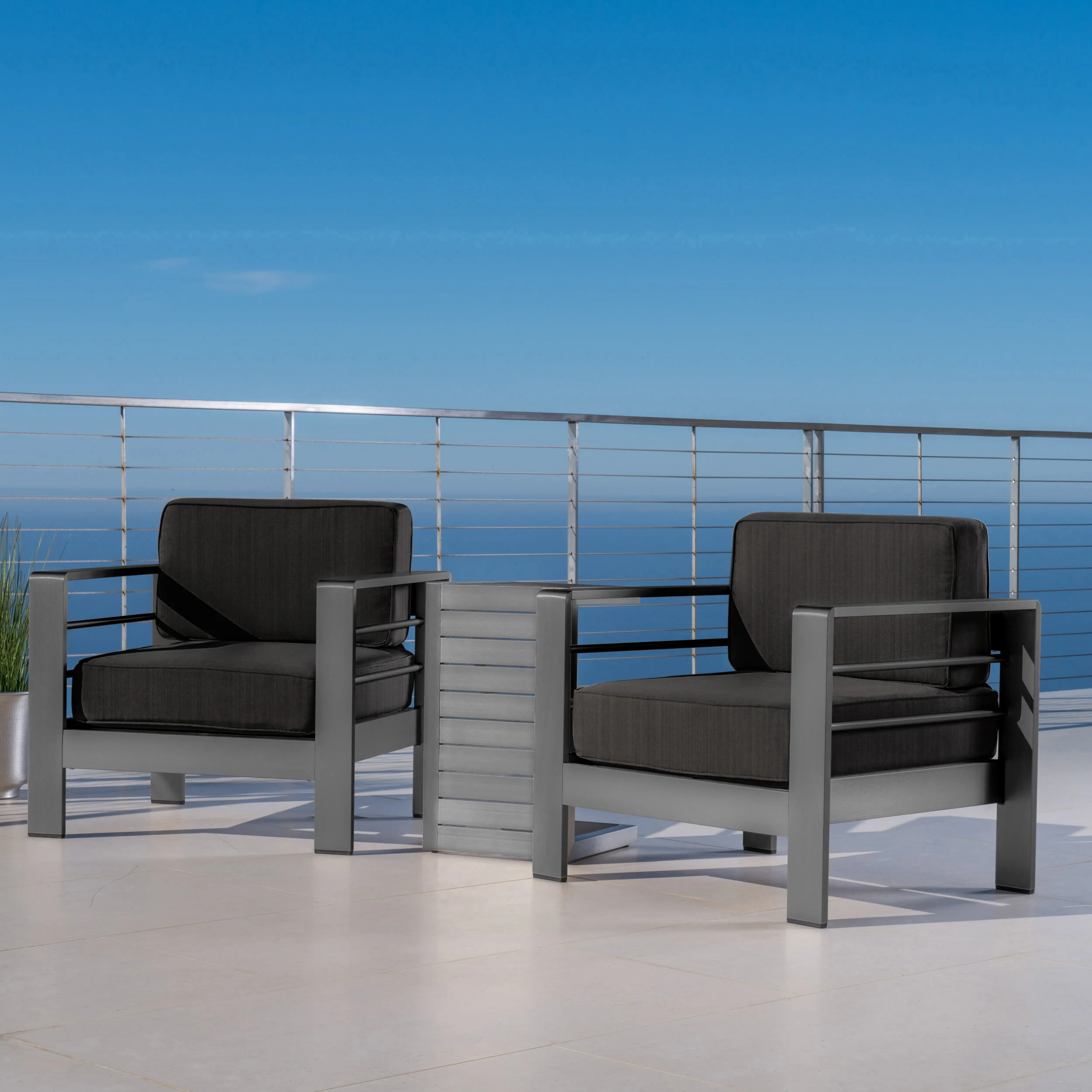 Crested Bay Outdoor Gray Aluminum 3 Piece Chat Set with Water Resistant Cushions - furnishings
