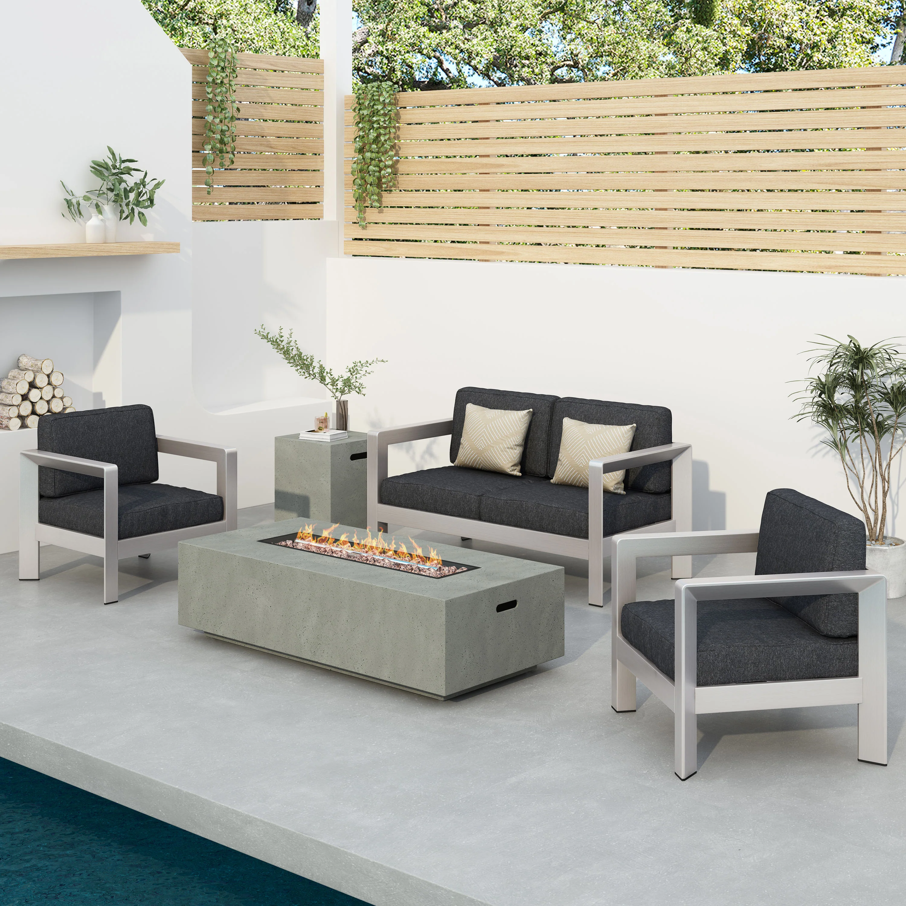 Booth Outdoor 4-Seater Aluminum Chat Set with Fire Pit and Tank Holder - furnishings