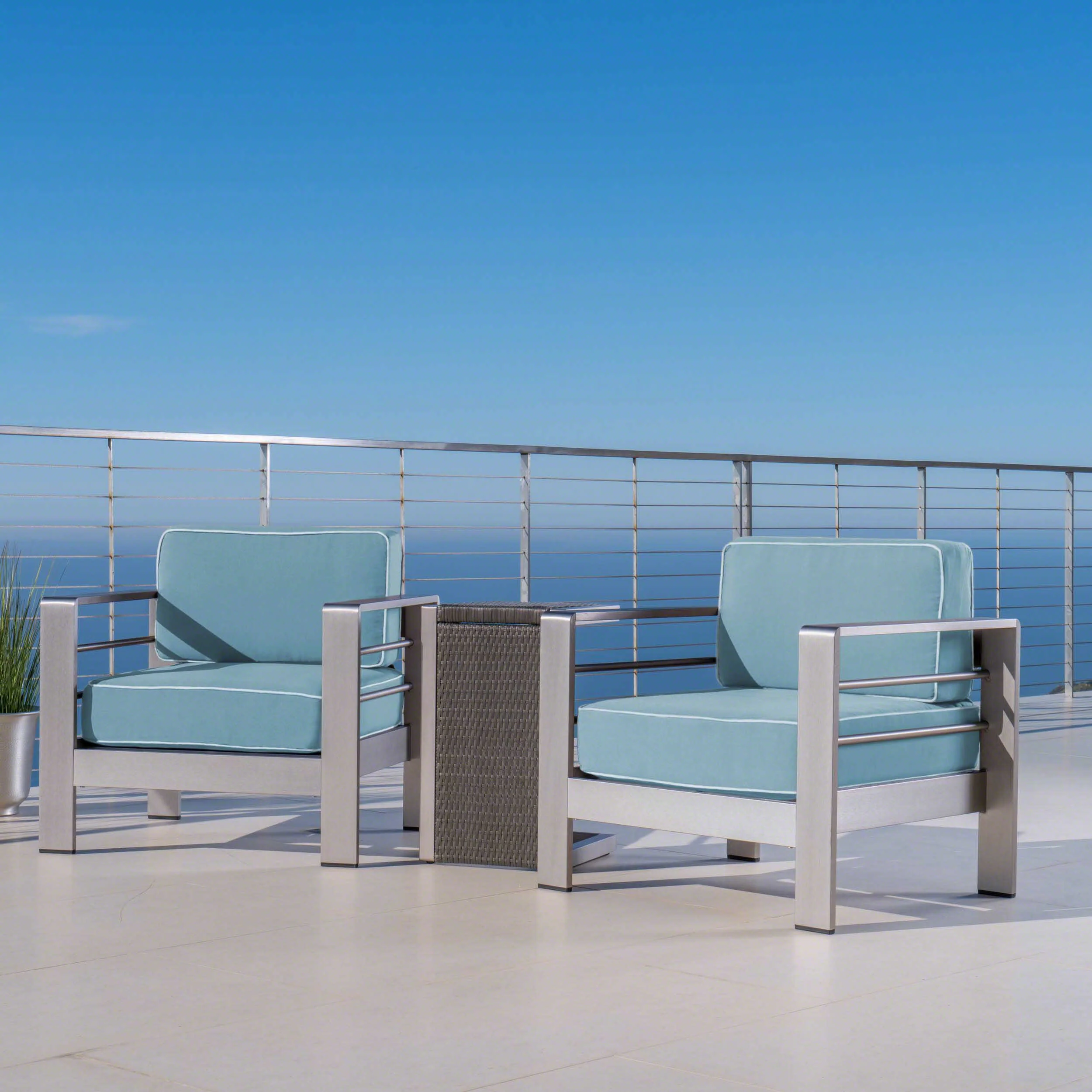 Crested Bay Outdoor 3 Piece Aluminum Framed Chat Set with Wicker C-Shaped Side Table - furnishings