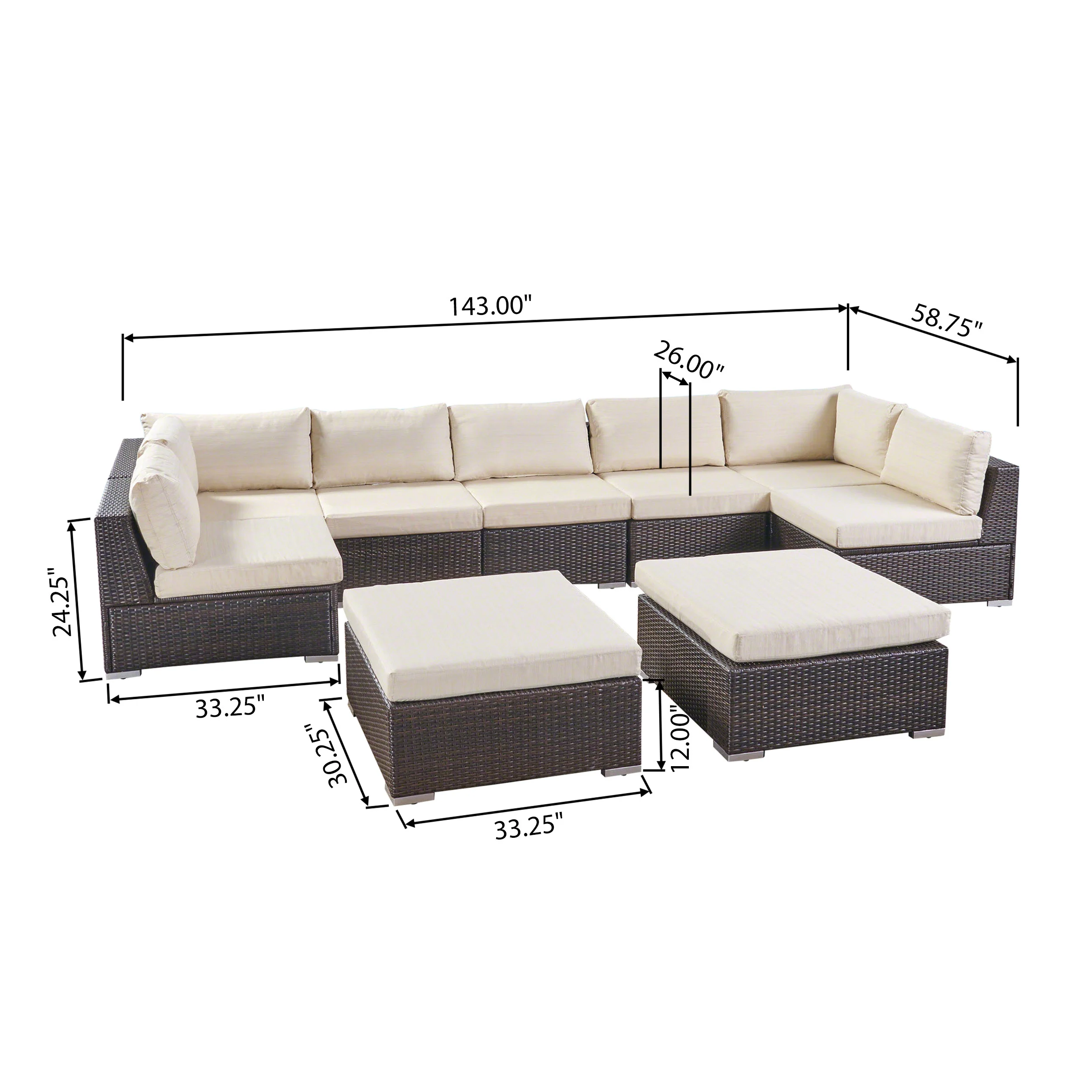 Tom Rosa Outdoor 7 Seater Wicker Sectional Sofa Set with Cushions - furnishings