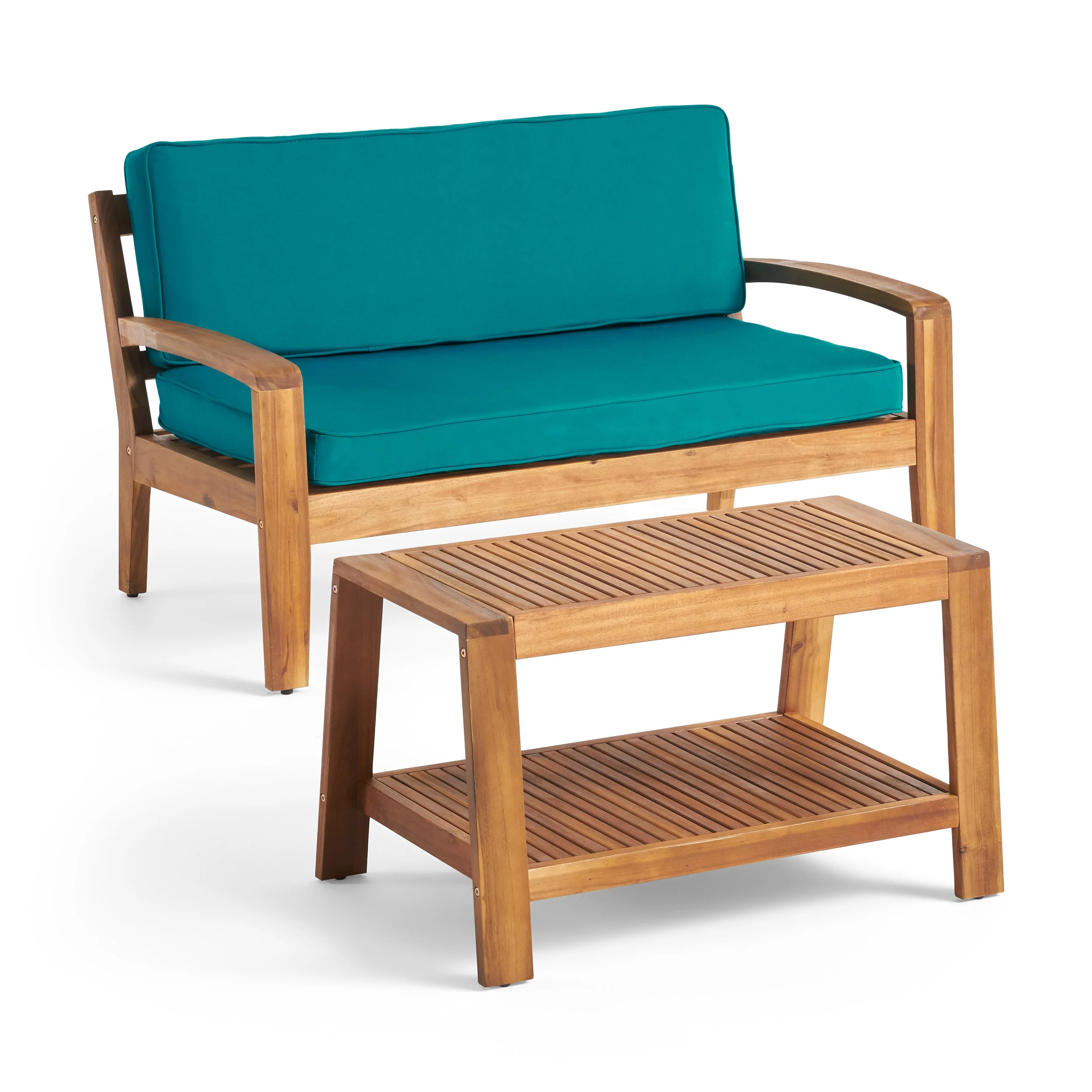 Parma Outdoor Acacia Wood Loveseat and Coffee Table Set with Sunbrella Cushions - furnishings