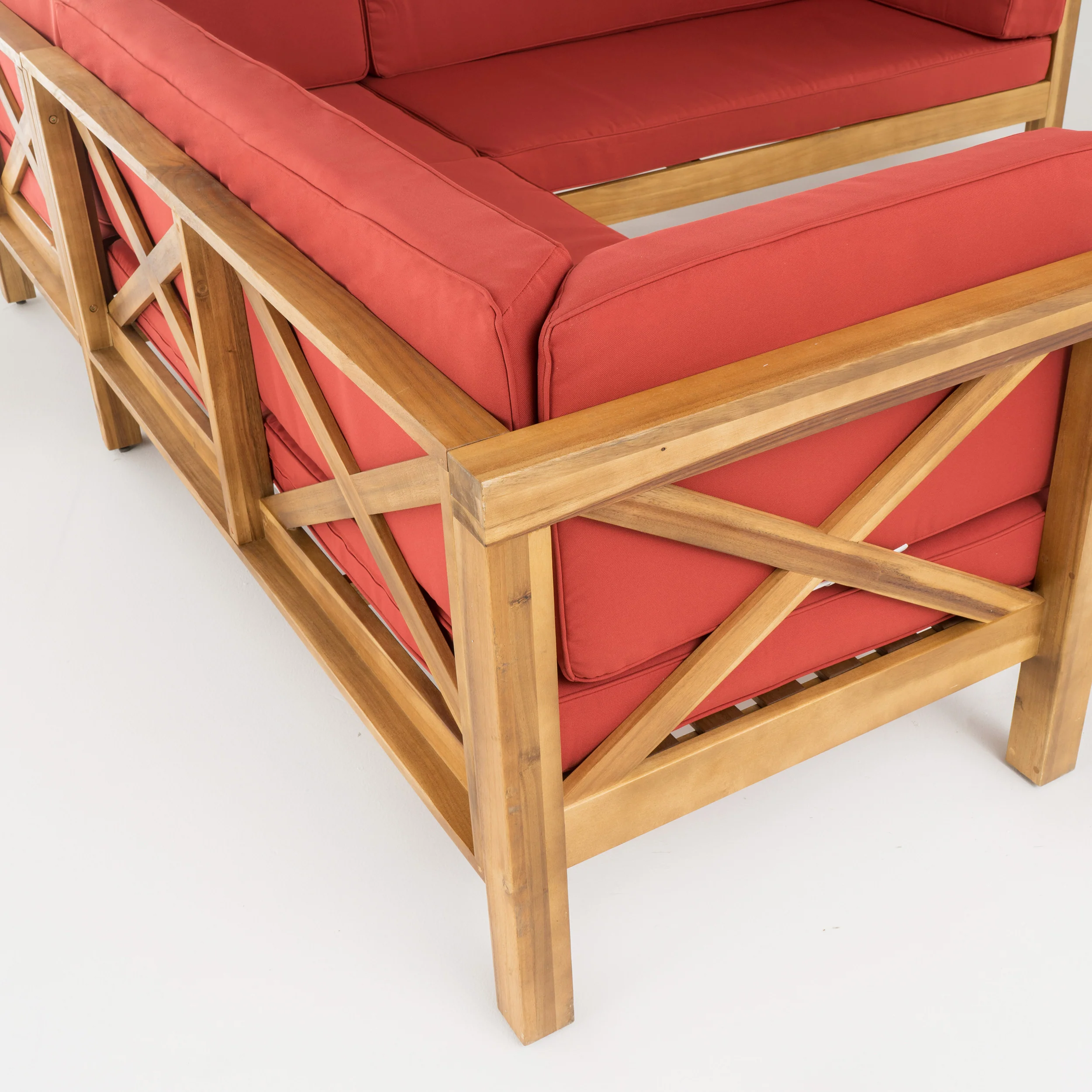Keith Outdoor Acacia Wood Left Arm Loveseat and Coffee Table Set with Cushion - furnishings