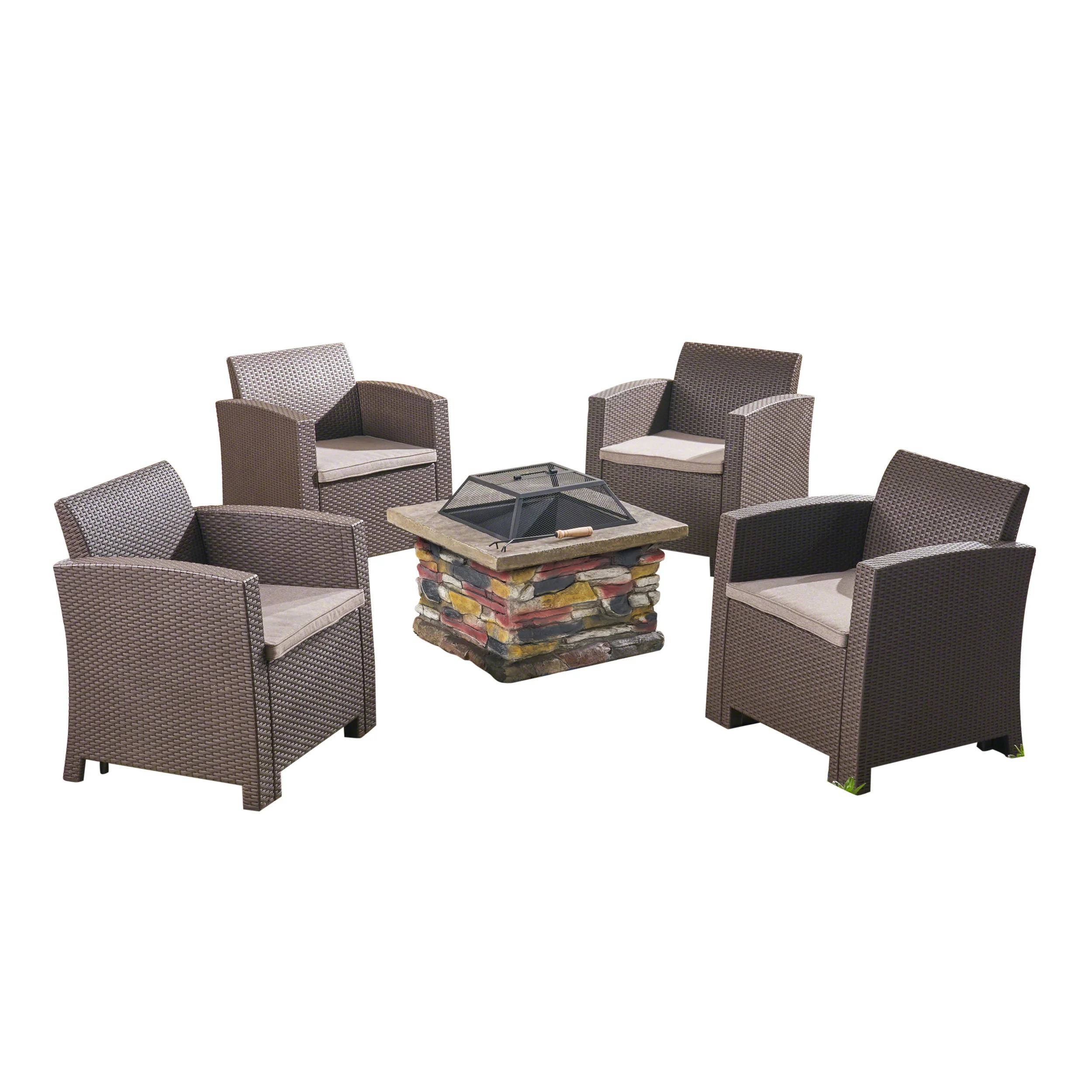 Victor Outdoor 4-Seater Wicker Print Chat Set with Wood Burning Fire Pit, Brown and Mixed Beige and Natural Stone - furnishings