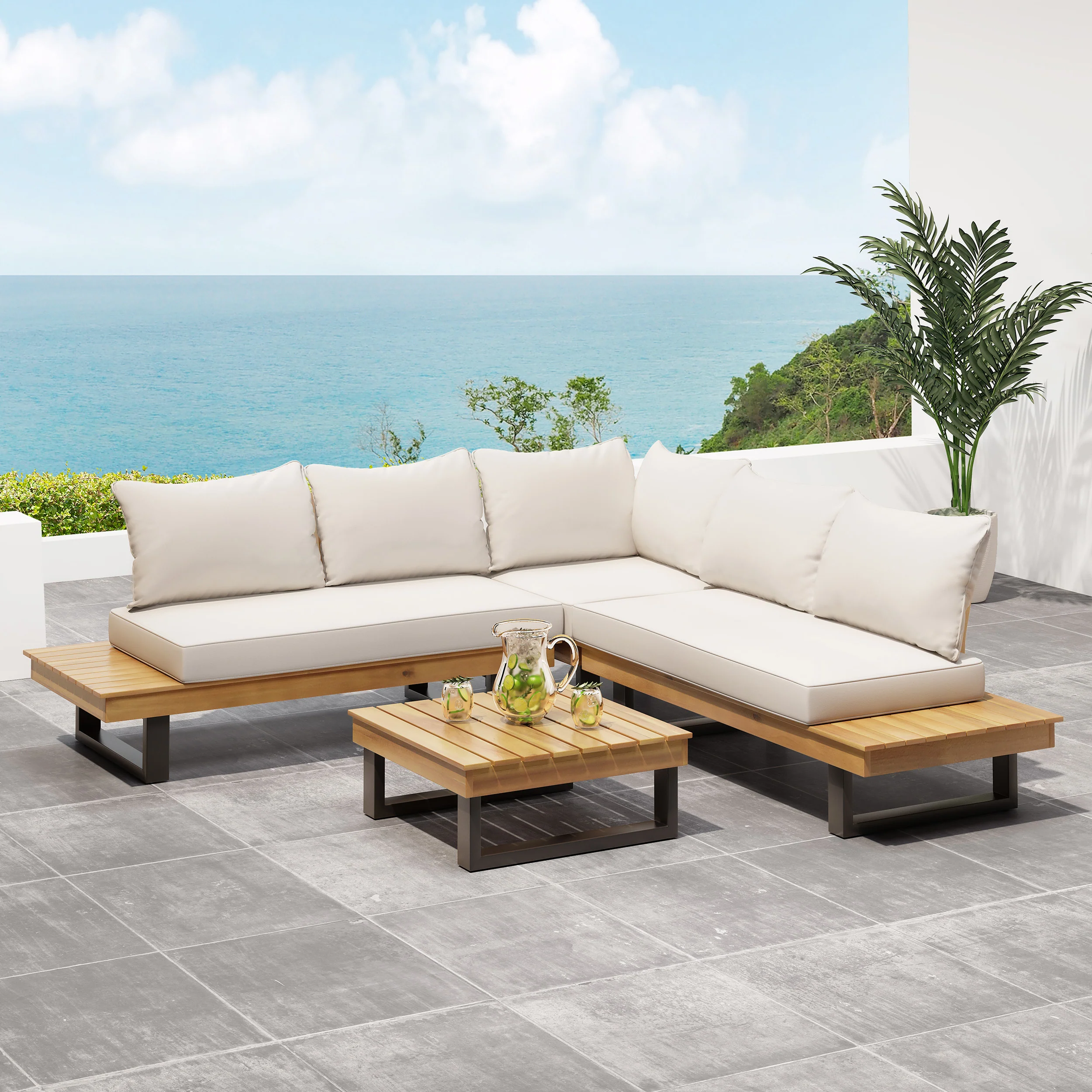 Sierra Outdoor Acacia Wood 5 Seater Sofa Sectional with Water-Resistant Cushions - furnishings