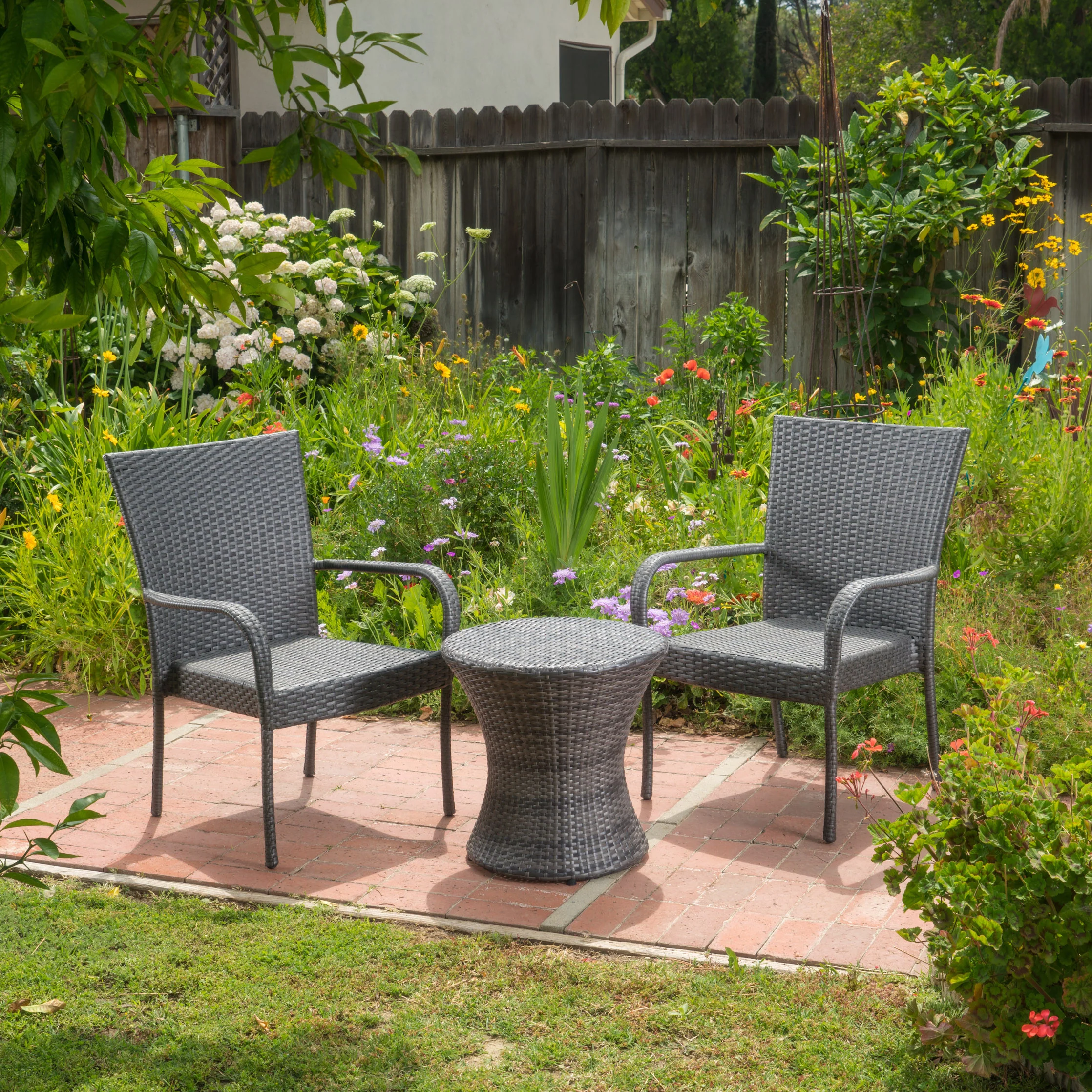 Parham Outdoor 3 Piece Grey Wicker Stacking Chair Chat Set - furnishings