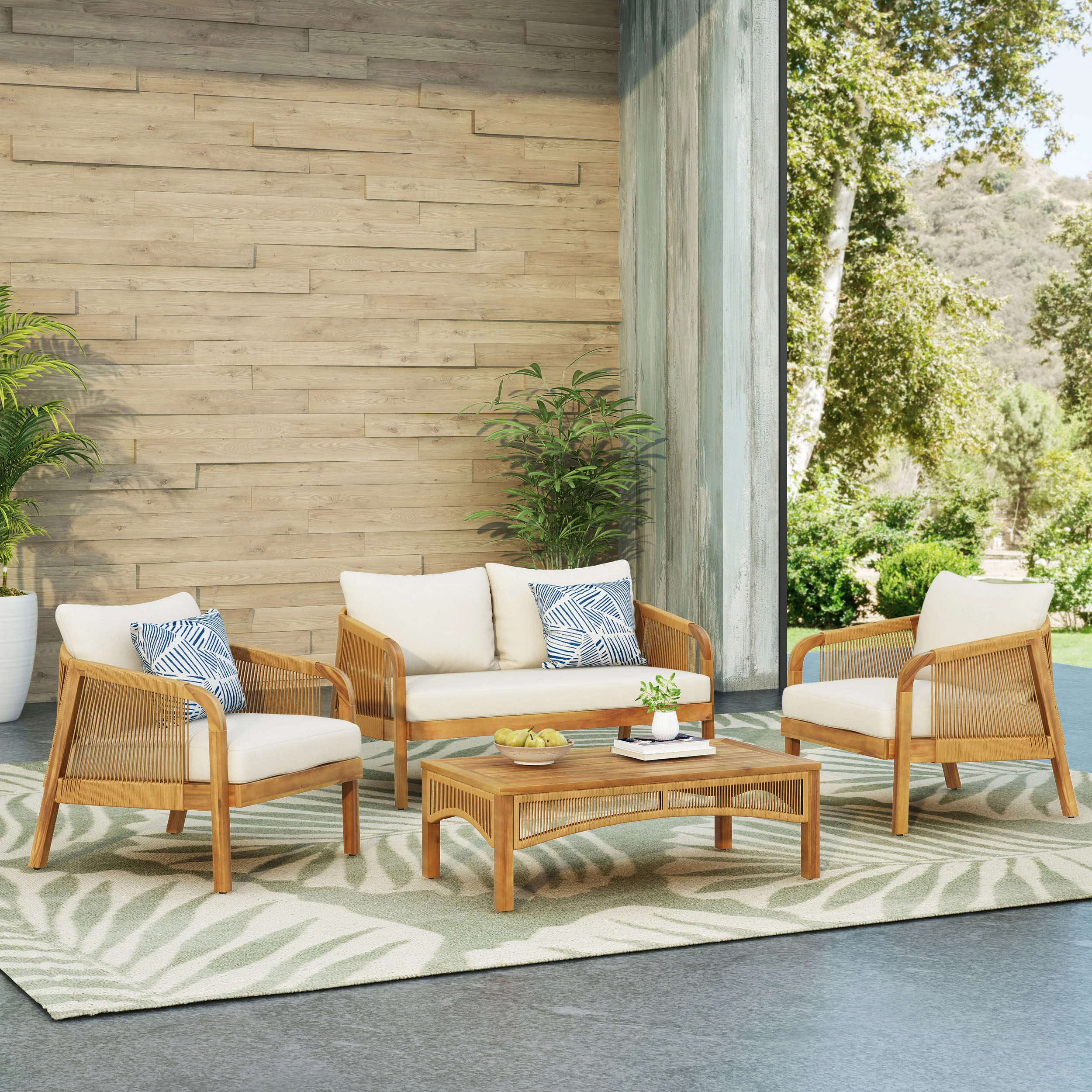 Allerton Outdoor Acacia Wood and Wicker 4 Seater Chat Set with Cushions, Teak, Light Brown, and Beige - furnishings