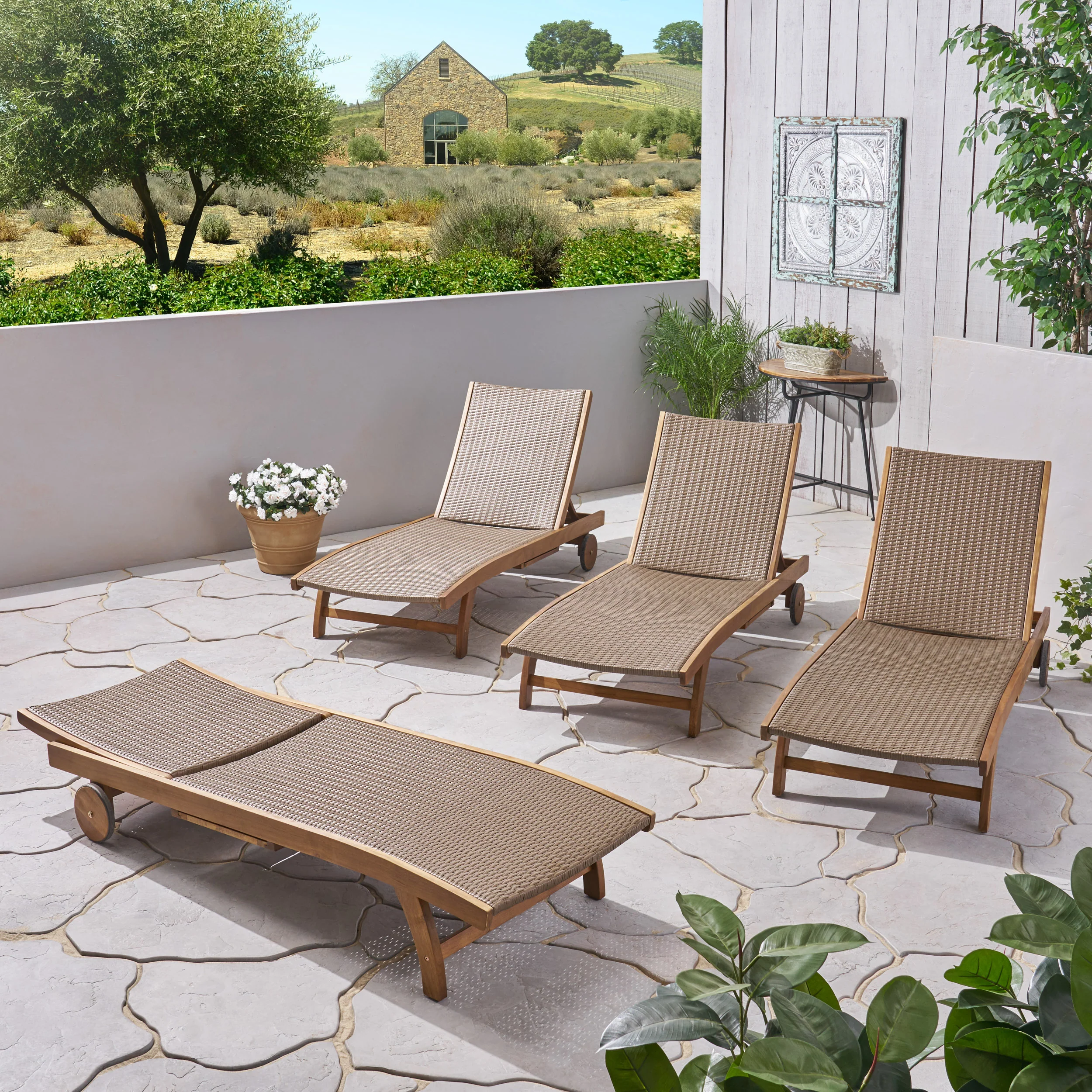 Yedda Outdoor Wicker and Wood Chaise Lounge with Pull-Out Tray - furnishings