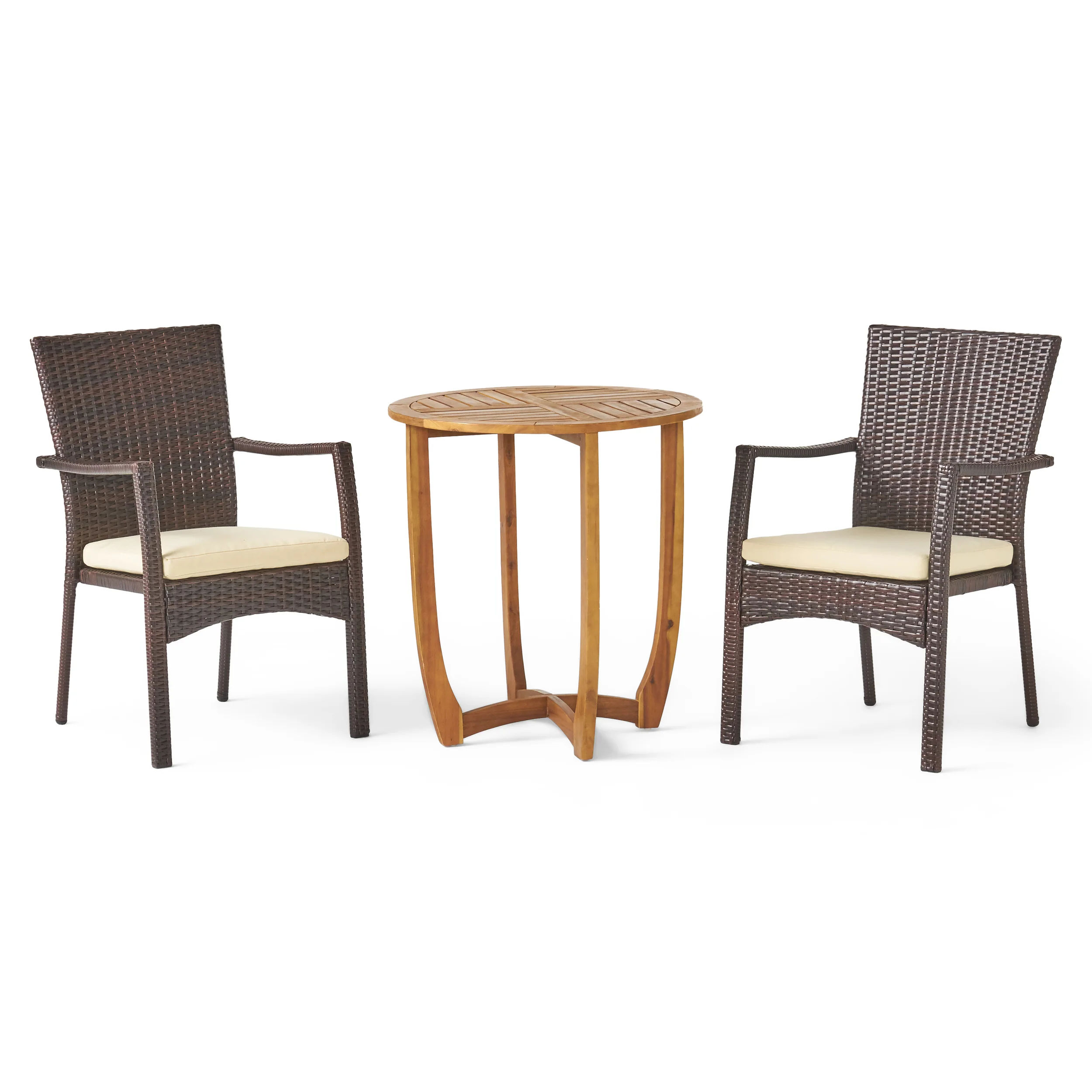 Leyam Outdoor 3 Piece Acacia Wood/ Wicker Bistro Set with Cushions, Teak Finish and Brown with Cr?¡ì?¡ìme - furnishings