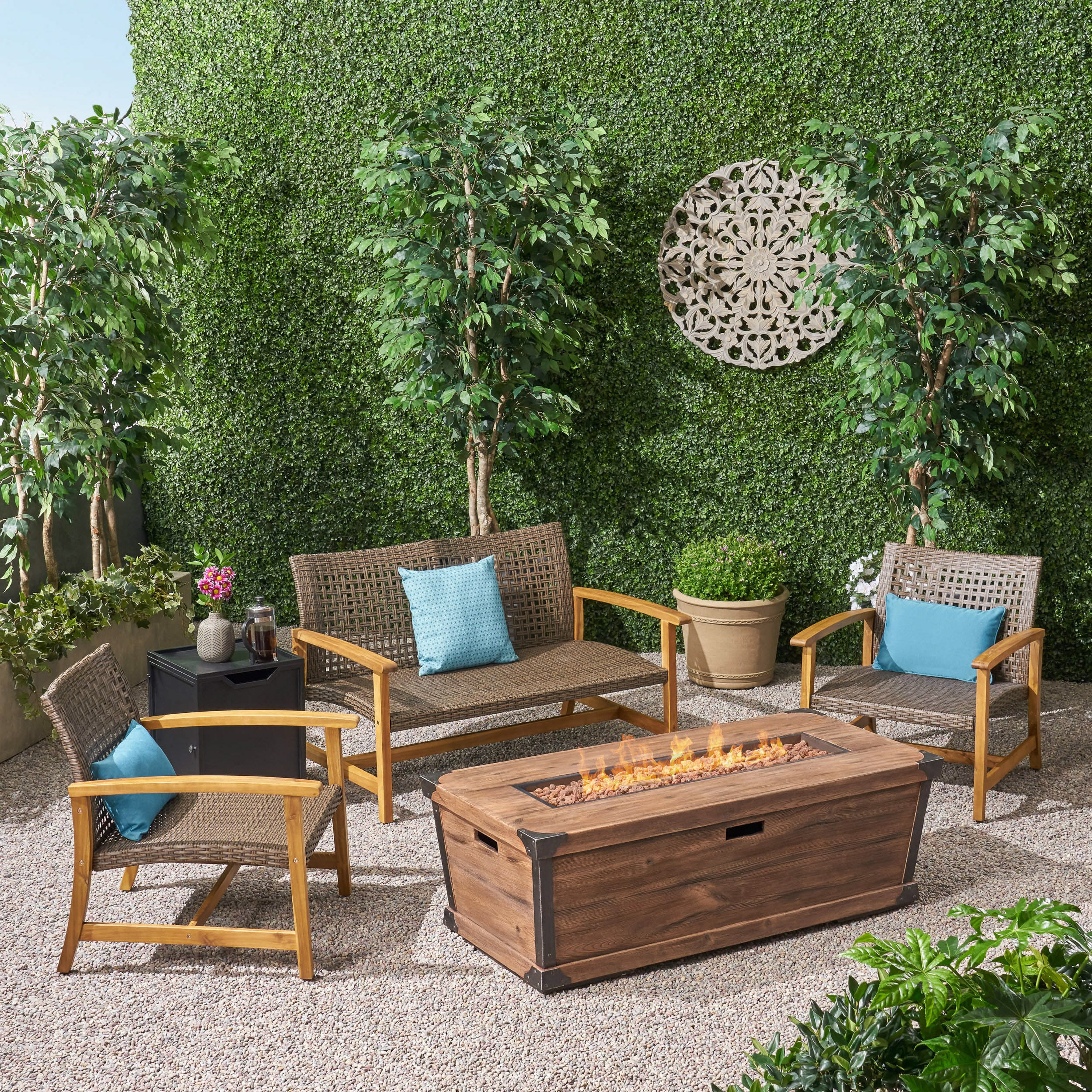 Airyanna Outdoor 3 Piece Wood and Wicker Chat Set with Fire Pit - furnishings