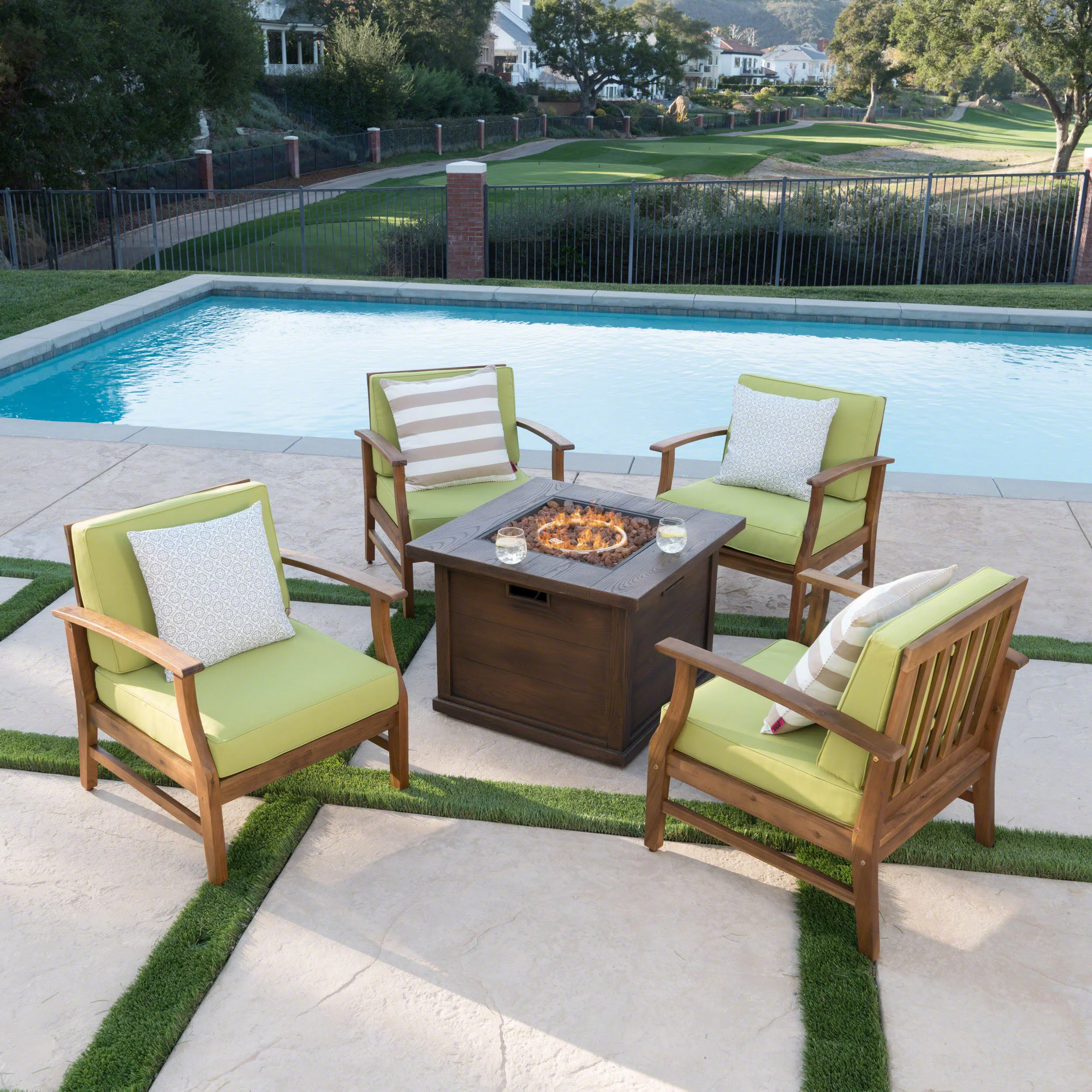 Lilith Outdoor 4 Seat Teak Finished Acacia Wood Club Chairs Fire Pit Chat Set - furnishings
