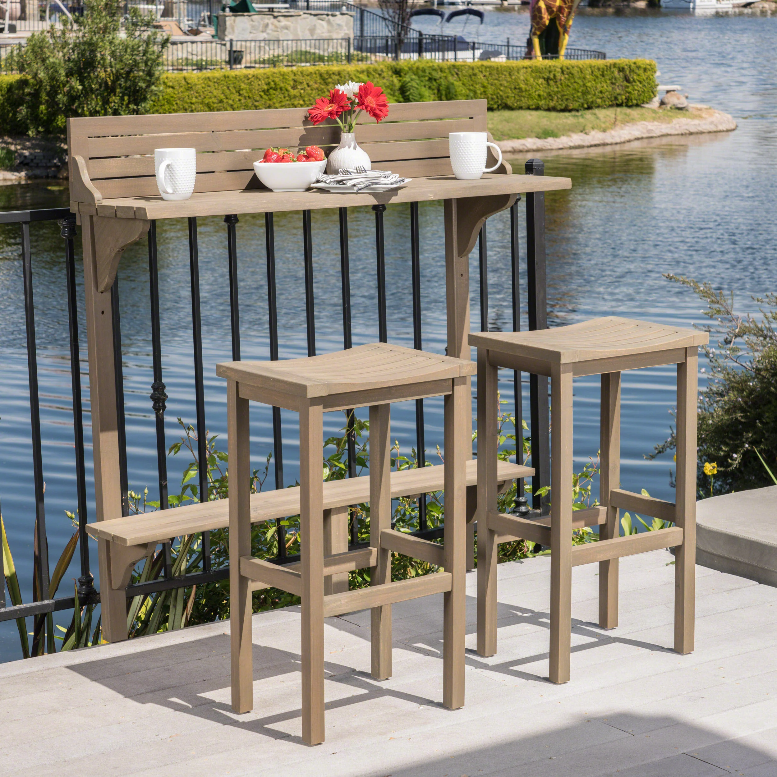 Pensacola Outdoor 3 Piece Acacia Wood Balcony Bar Set - furnishings
