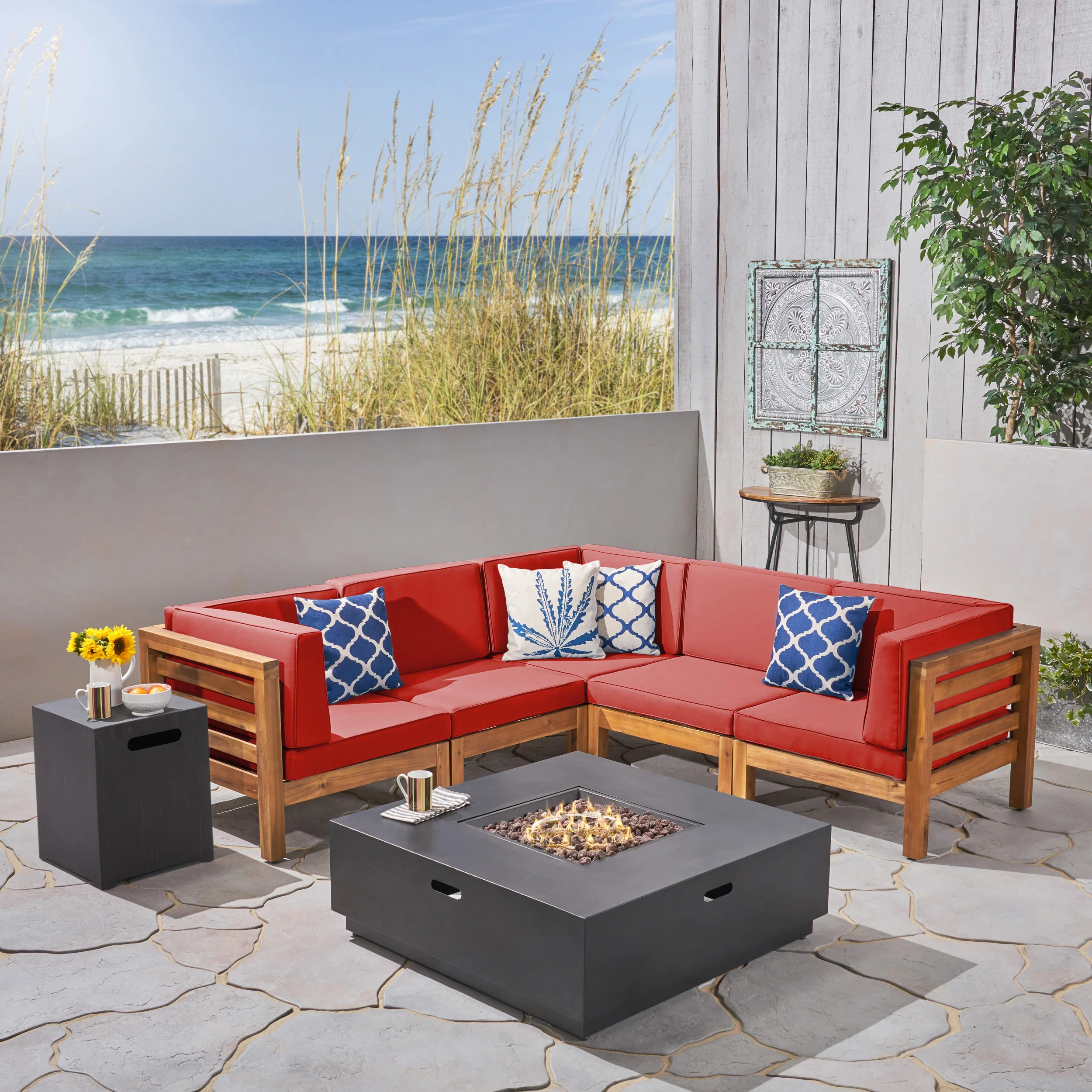 Krystin Outdoor V-Shaped Sectional Sofa Set with Fire Pit - furnishings