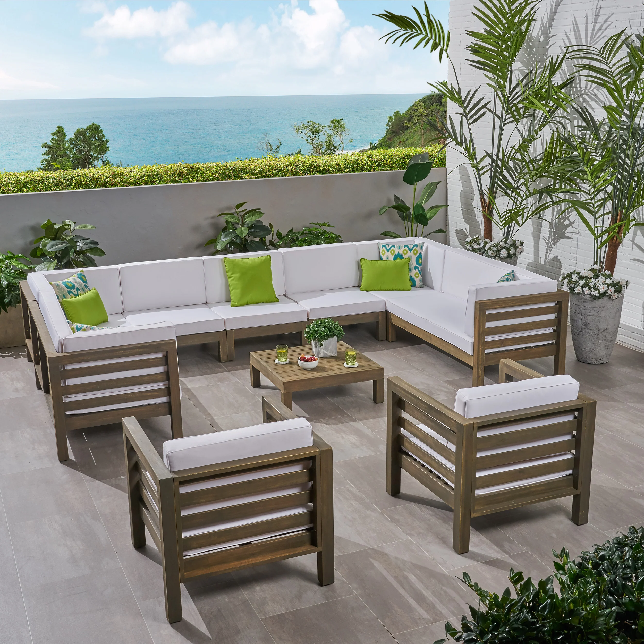 Emma Outdoor 11 Seater Acacia Wood Sectional Sofa and Club Chair Set - furnishings