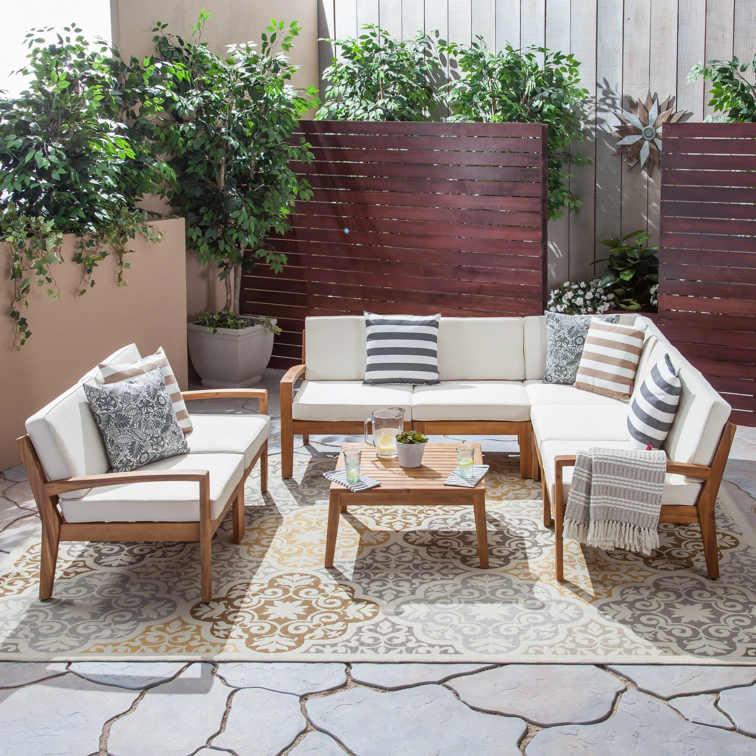 Giselle Outdoor Acacia Wood 7 Seater Sectional Sofa and Loveseat Set with Coffee Table - furnishings
