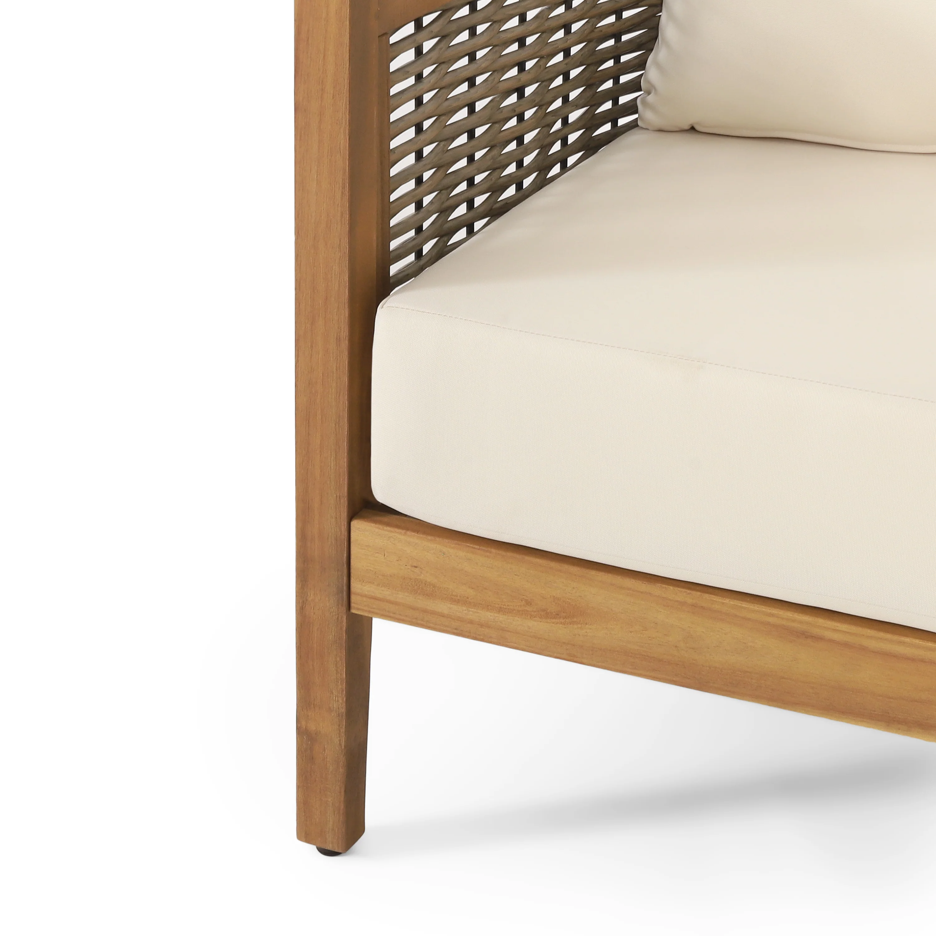 The Crowne Collection Outdoor Acacia Wood and Round Wicker 5 Seater Sectional Sofa Chat Set with Cushions, Teak, Mixed Brown, and Beige - furnishings