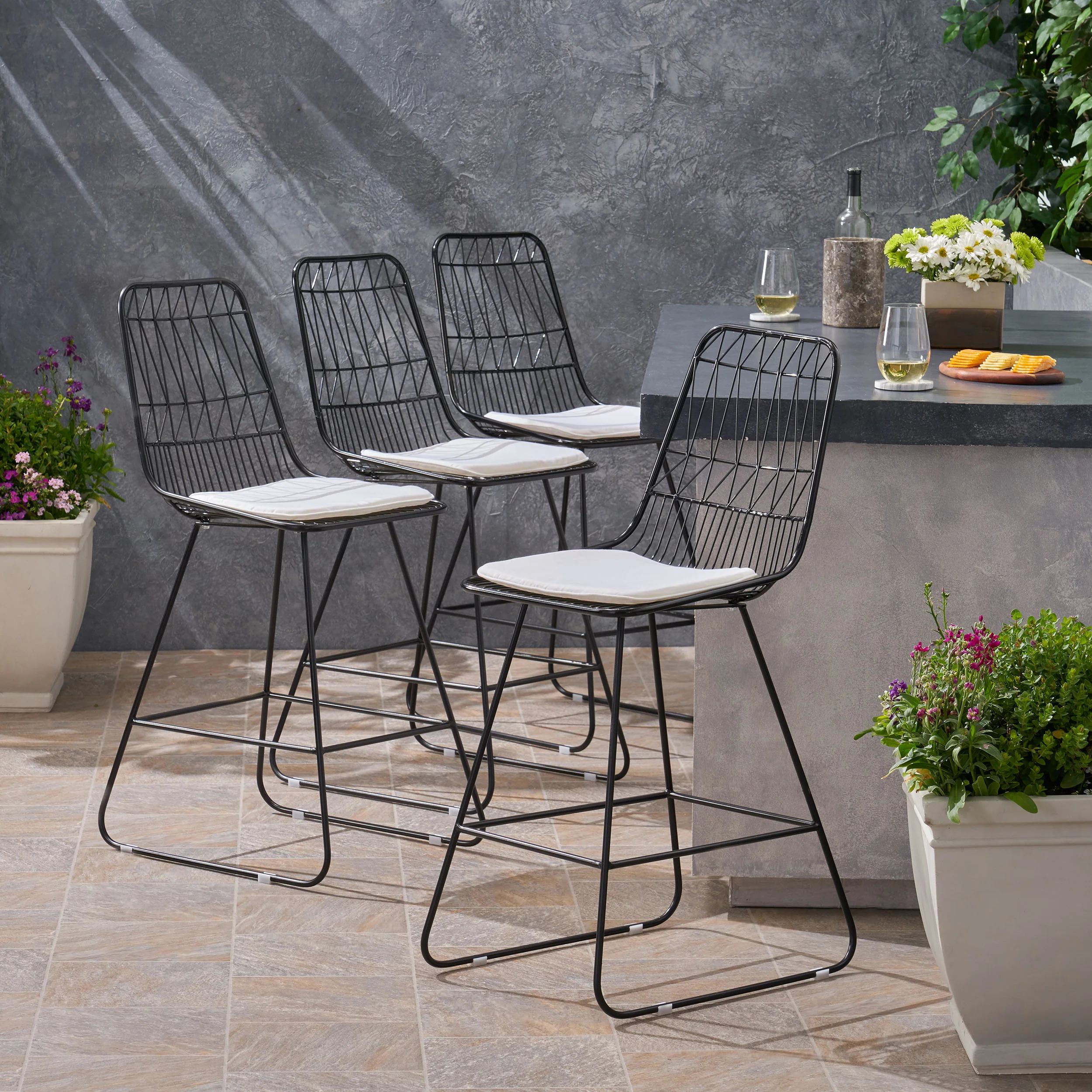 Hedy Outdoor Wire Counter Stools with Cushions (Set of 4) - furnishings