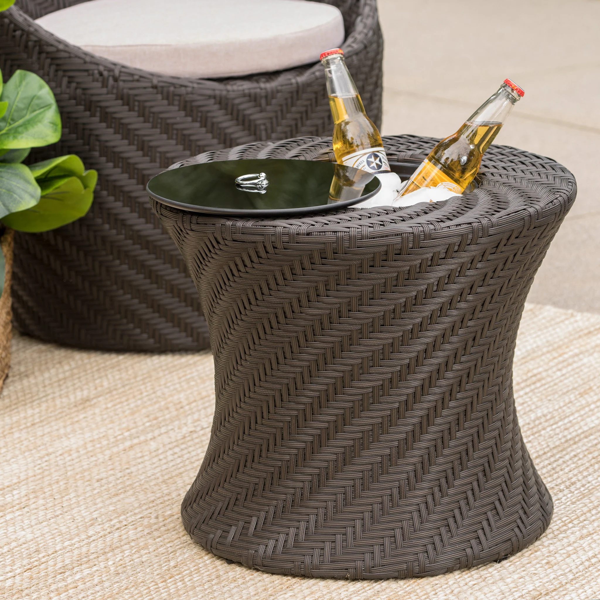 Berkshire Outdoor Brown Wicker Accent Table with Ice Bucket - furnishings