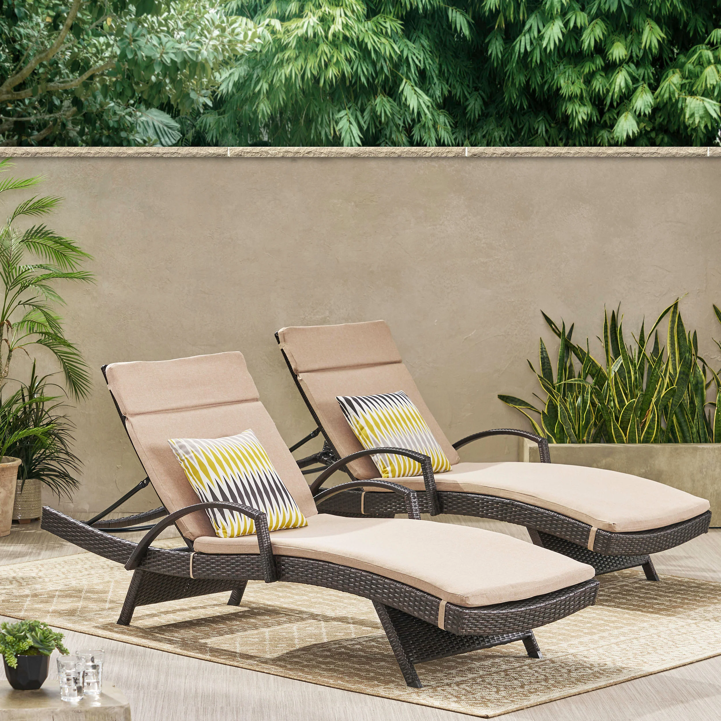 Lakeport Outdoor Wicker Armed Chaise Lounge Chairs w/ Cushions (set of 2) - furnishings