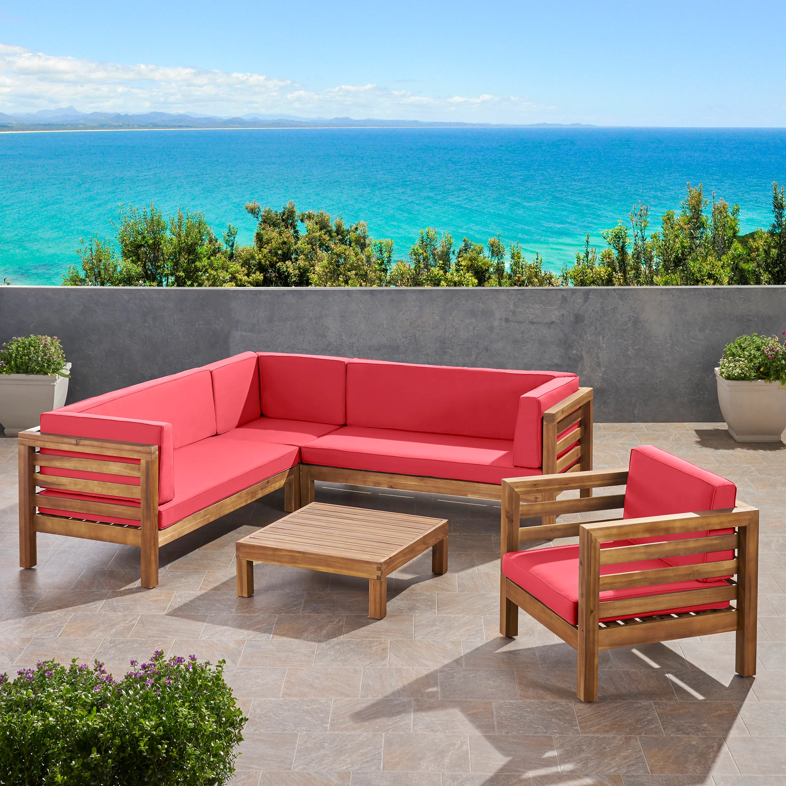 Emma Outdoor 6 Seater Acacia Wood Sectional Sofa and Club Chair Set - furnishings