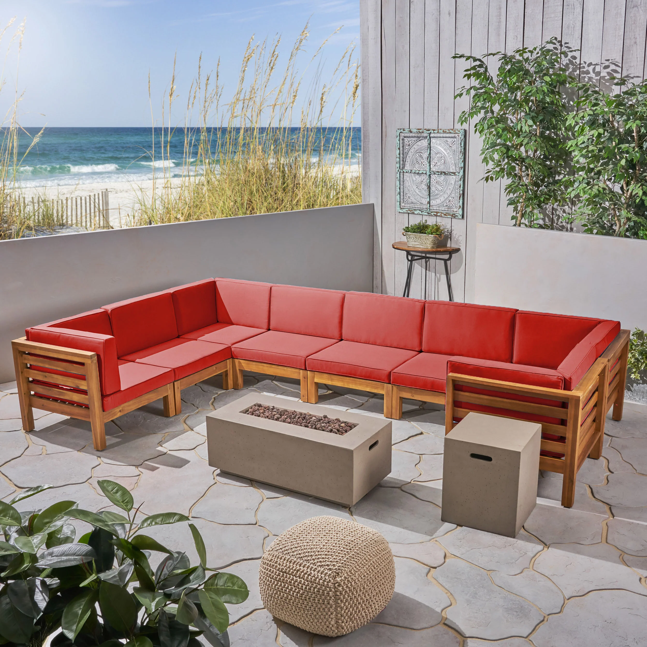 Ravello Outdoor U-Shaped Sectional Sofa Set with Fire Pit - furnishings