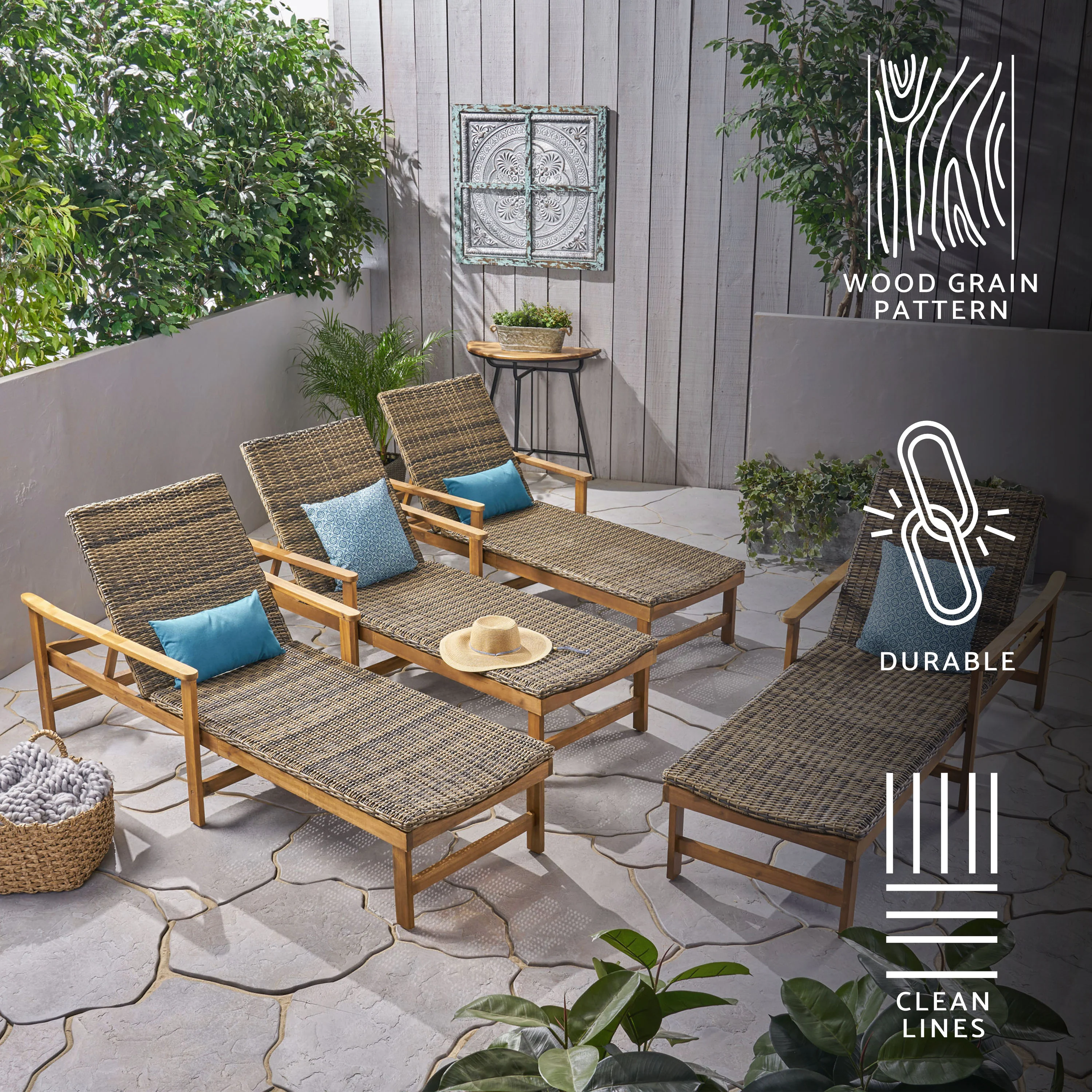 Kyle Outdoor Rustic Acacia Wood Chaise Lounge with Wicker Seating - furnishings
