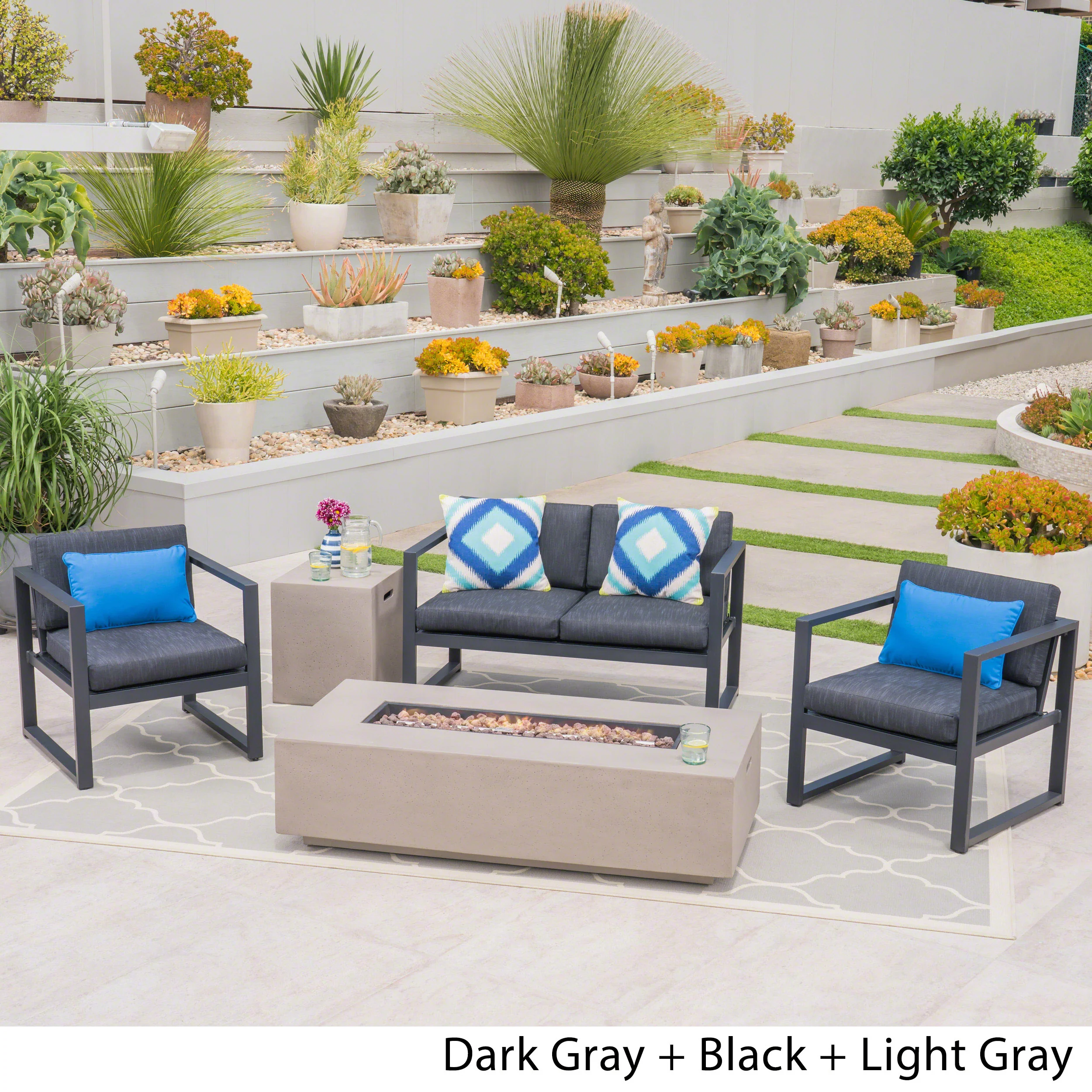Nealie Outdoor 4-Seater Aluminum Chat Set with Fire Pit and Tank Holder - furnishings