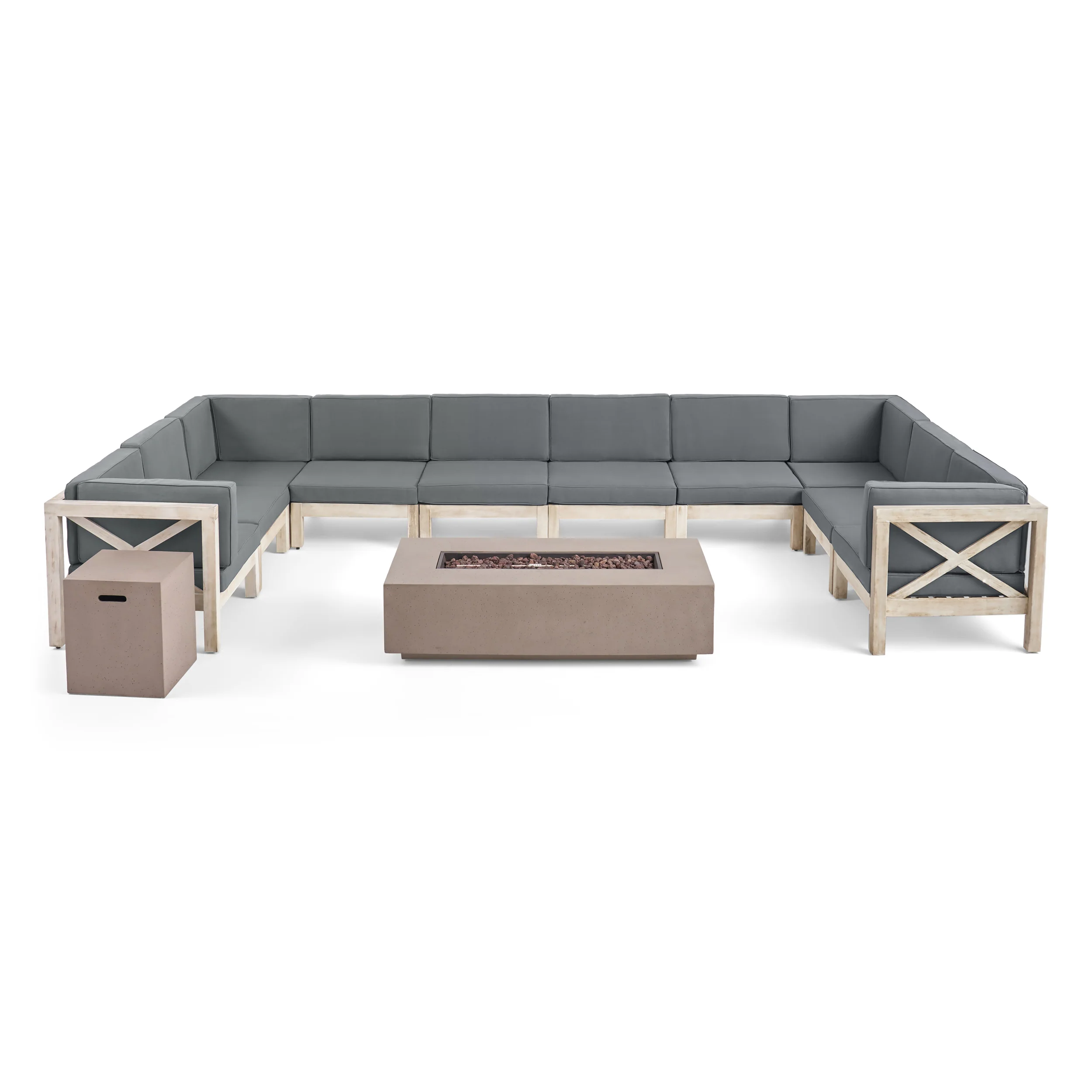 Cynthia Outdoor Acacia Wood 10 Seater U-Shaped Sectional Sofa Set with Fire Pit - furnishings