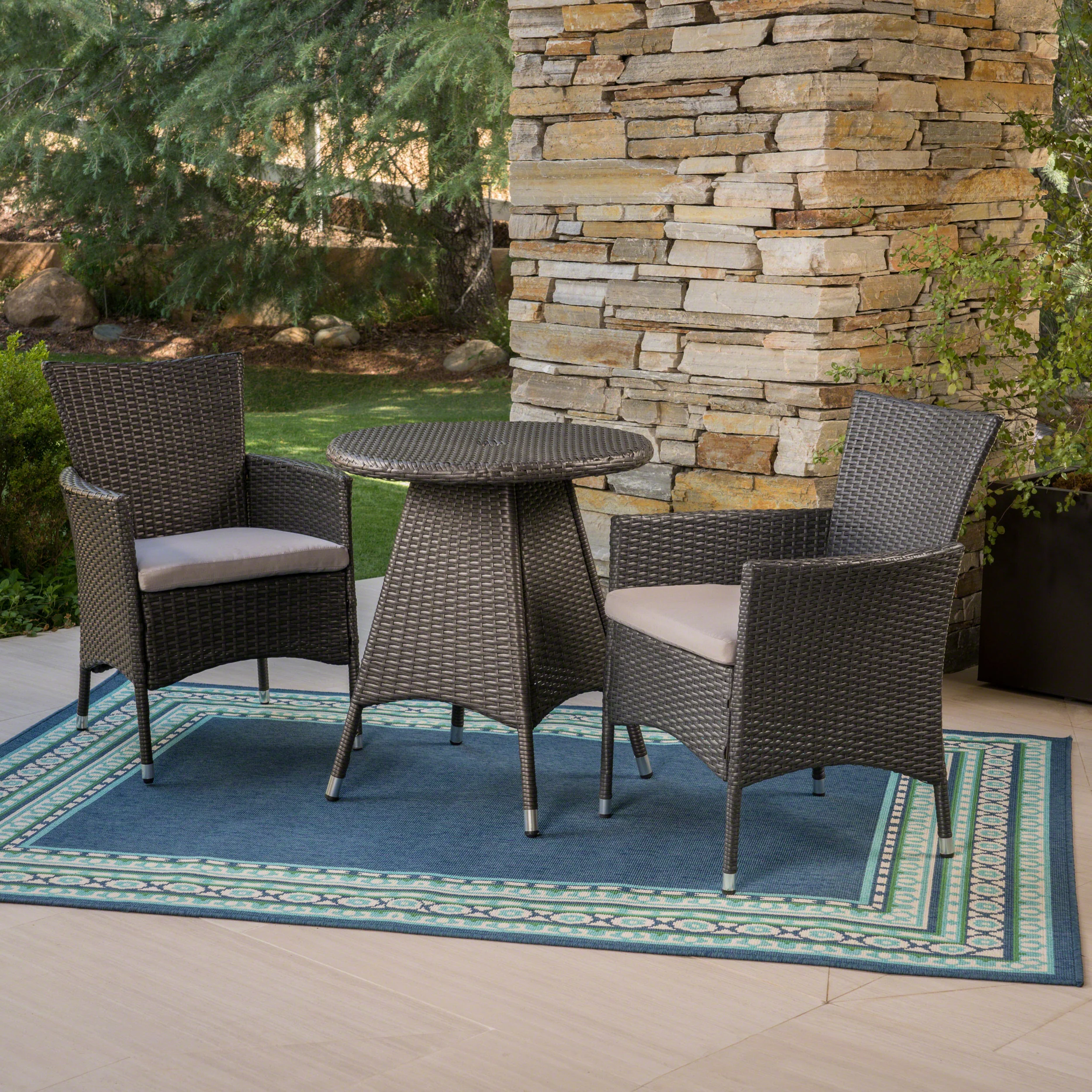 Frank Outdoor 3 Piece Wicker Bistro Set, Grey with Silver Cushions - furnishings