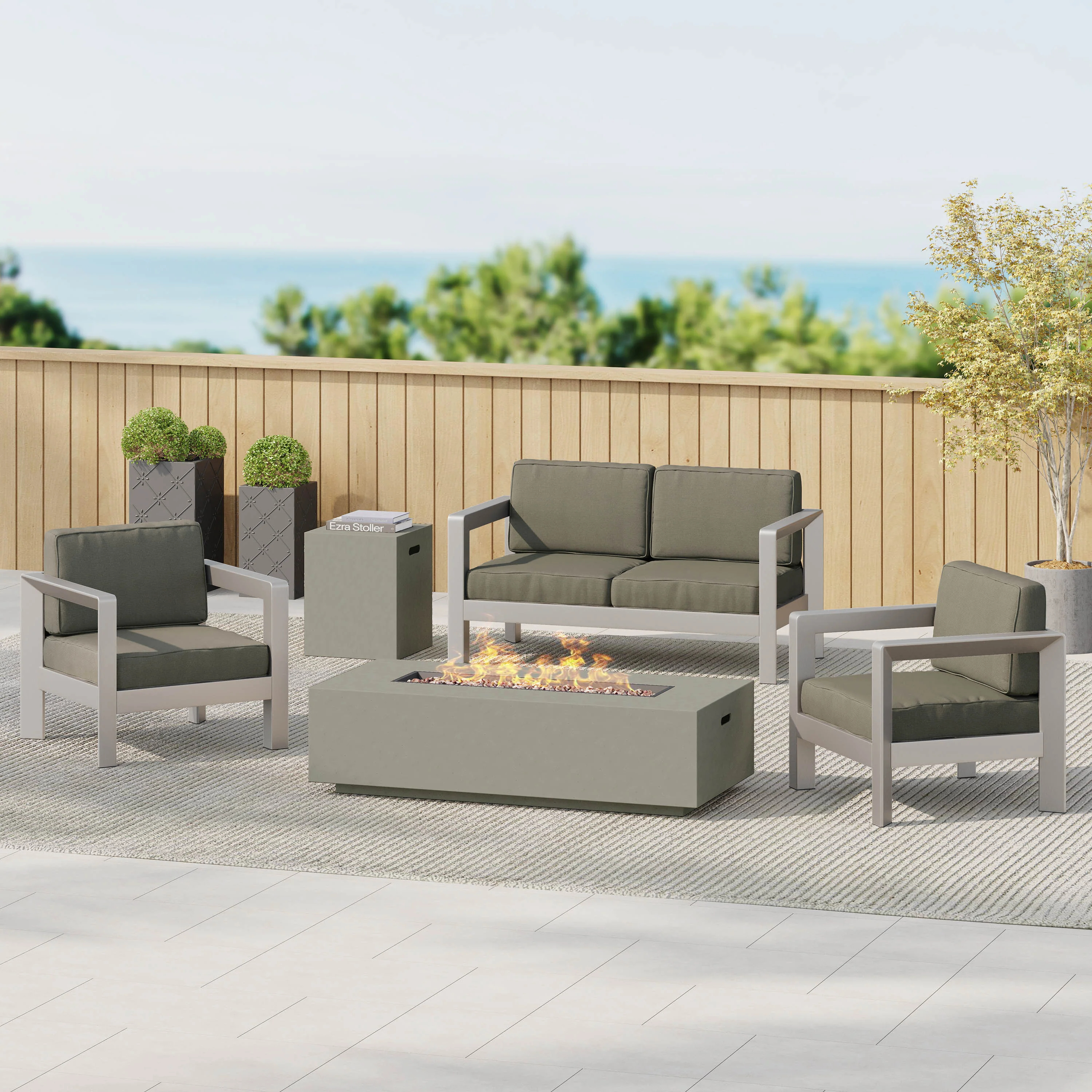Booth Outdoor 4-Seater Aluminum Chat Set with Fire Pit and Tank Holder - furnishings